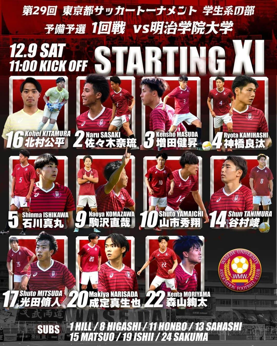 早稲田大学ア式蹴球部【公式】のインスタグラム：「. 🔥STARTING ELEVEN🔥  【第29回東京都サッカートーナメント《天皇杯 JFA 第104回全日本サッカー選手権大会 東京都代表決定戦》学生系の部 予備予選】 〈1回戦〉 🟡 vs 明治学院大学 👟 11:00 KICKOFF 🏟 早稲田大学東伏見サッカー場  GK 16 #北村公平 DF 2 #佐々木奈琉 3 #増田健昇 4 #神橋良汰 5 #石川真丸 MF 10 #山市秀翔 14 #谷村峻 17 #光田脩人 20 #成定真生也 22 #森山絢太 FW 9 #駒沢直哉  SUBSTITUTES 1 #ヒル袈依廉 8 #東廉 11 #本保奏希 13 #佐橋杜真 15 #松尾倫太郎 19 #石井玲於奈 24 #佐久間真寛  リアルタイムの情報は以下の速報版X(旧Twitter)アカウントで発信します！ X(旧Twitter)🕊→＠Ashikisokuho  熱い応援よろしくお願いします🔥  #jufa #univ #university #football #soccer #waseda #早稲田大学 #ア式蹴球部 #大学サッカー」