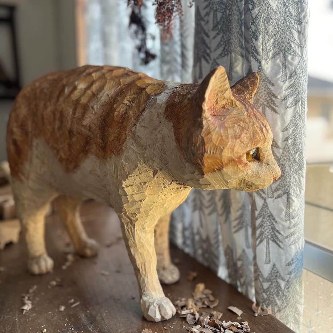 はしもとみおさんのインスタグラム写真 - (はしもとみおInstagram)「猫のデカオくんの彫刻が完成しました。 木から生まれたこの子は、窓のお外を眺めて、新しい世界を確かめているよう。 これから見える景色が、すべて愛あるものであふれますように。お誕生日おめでとう。  #woodcarving #wood#miohashimoto #sculpture #woodsculpture #wood#cat#art#デカオ」12月9日 11時52分 - hashimotomio