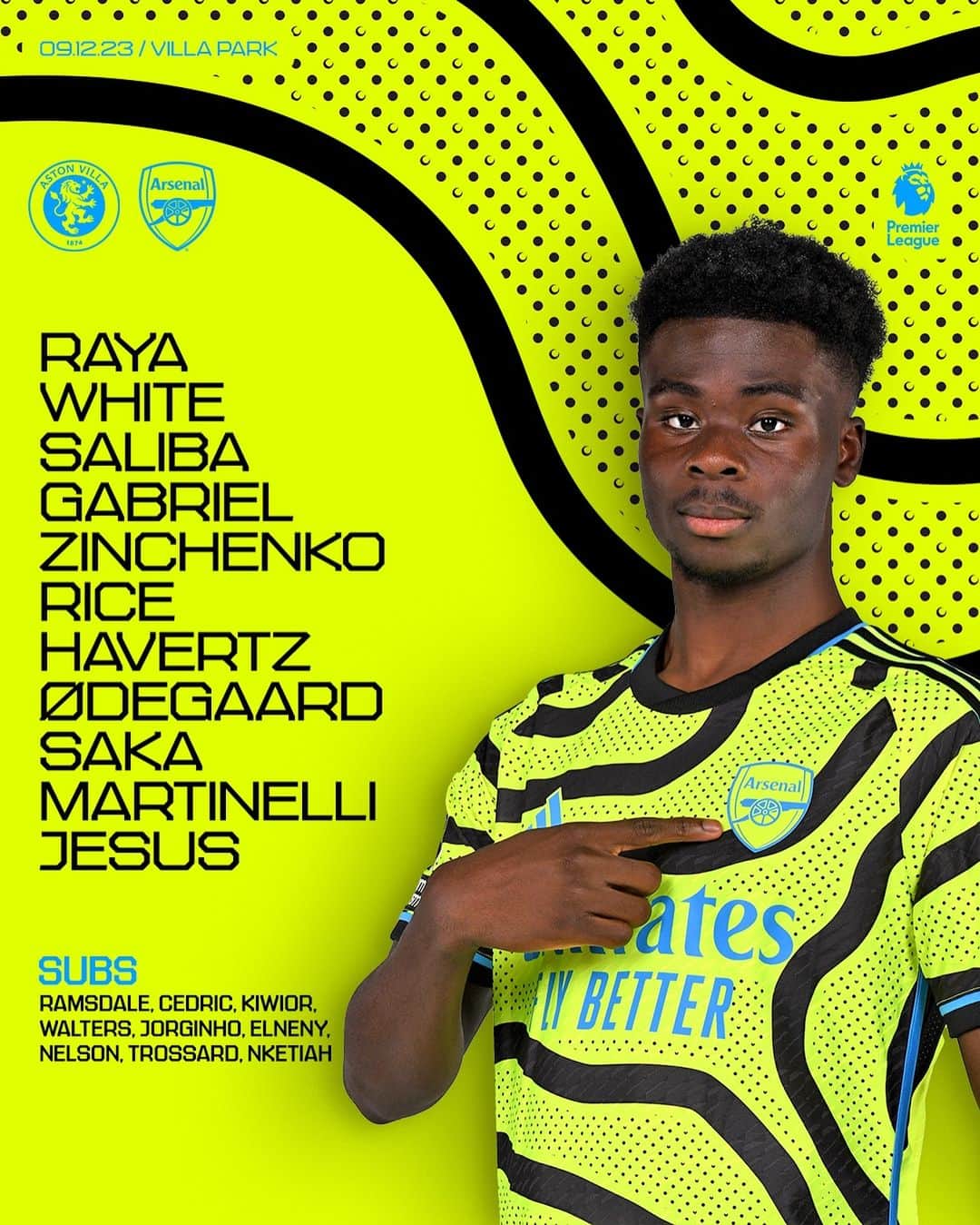 のインスタグラム：「🟡 𝗧𝗘𝗔𝗠𝙉𝙀𝙒𝙎 🔵  One change from last time out - Zinchenko replaces Kiwior  Let's do this, Gunners ✊」