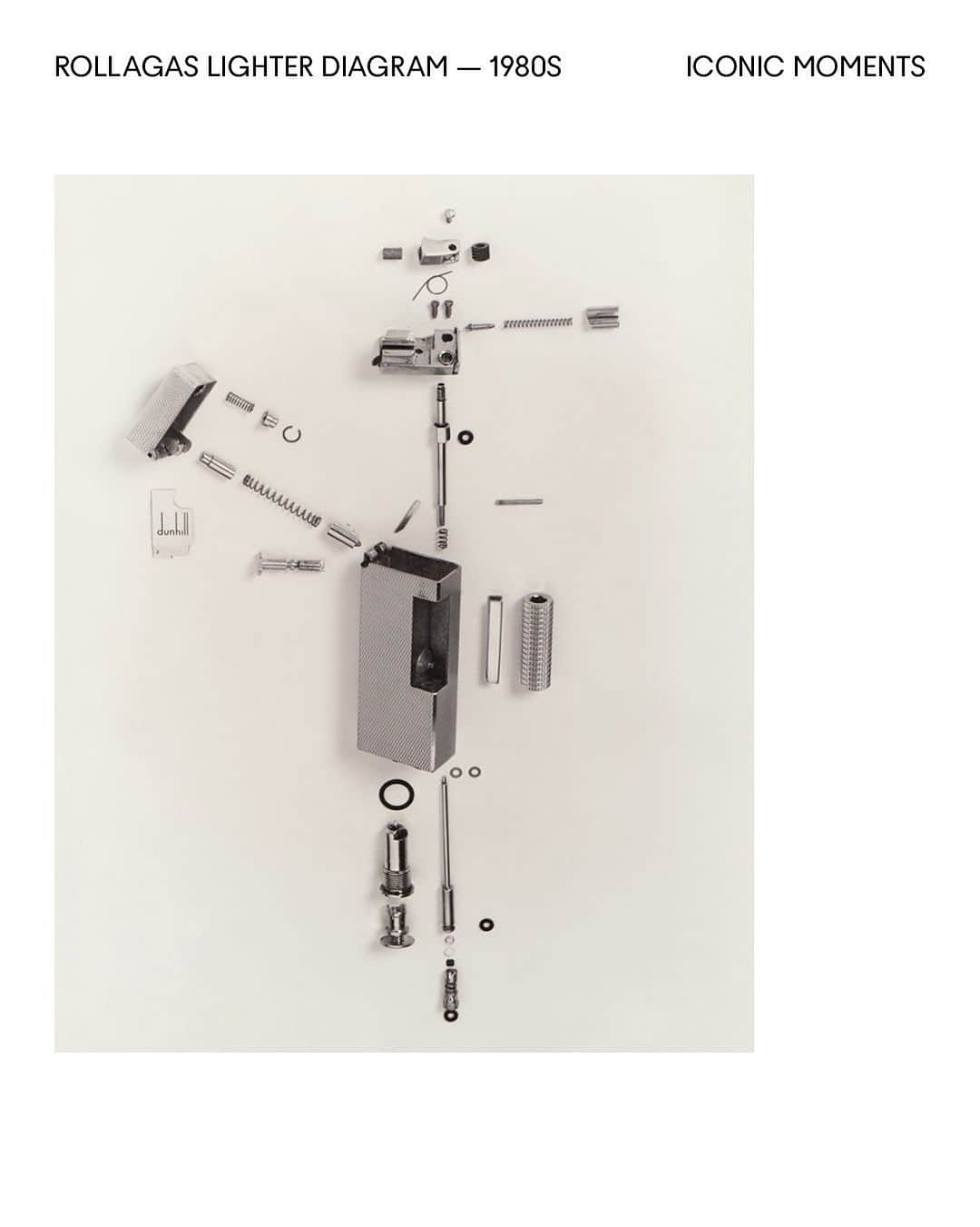 ダンヒルのインスタグラム：「The iconic dunhill Rollagas lighter in sterling silver, as an exploded diagram. Exposing the intricate engineering and component parts of one of our most famous creations.   #dunhillICONICMOMENTS」