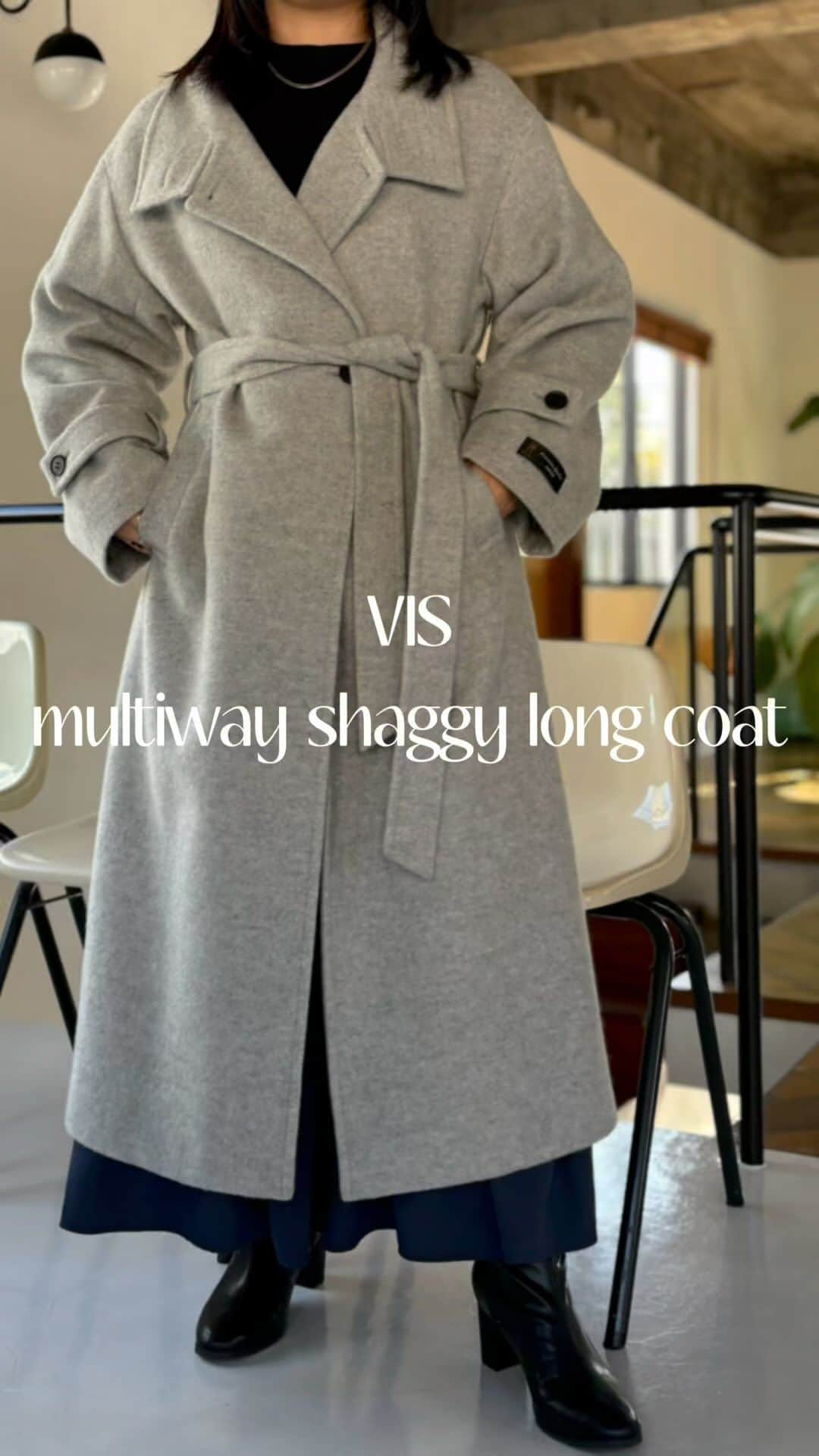 ViSのインスタグラム：「【multiway shaggy long coat】  バズり中の大人気コート♡  とにかくシルエットがキレイで 軽くてあったかいコート😌 自分の好きな着こなしができるのも 嬉しいポイント！！  キレイ目からカジュアルまで マッチする万能コートです👏🏼  STAFF:154cm Msize着用  スタイリングは @jadorejunonline をチェック！  #BVO43020 【静電気防止】【2WAY】毛混シャギーロングコート ¥19,910 (税込) ※店舗販売中  #vis#vis_jp #ビス #fashion#ファッション #大人カジュアル#大人可愛い#綺麗目#キレイ目カジュアル#カジュアル#トレンド#トレンドファッション#冬コーデ #冬アウター #コート#ロングコート#シャギー#シャギーコート #あったかコーデ #低身長コーデ #バズりアイテム #jadorejunonline」