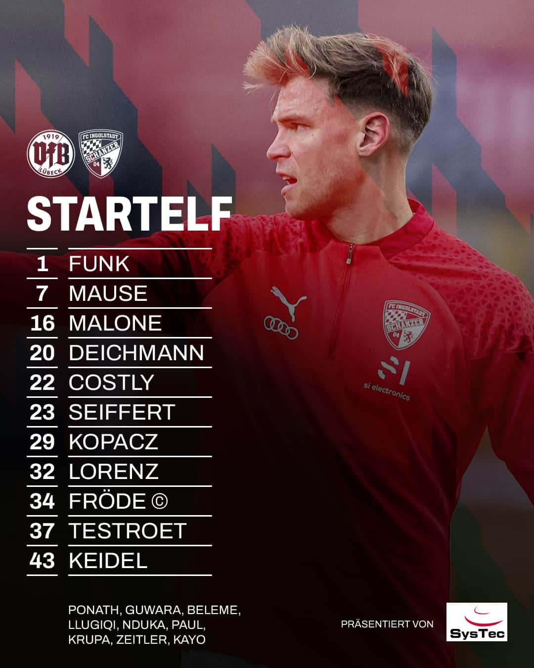 FCインゴルシュタット04のインスタグラム：「Unsere Start-1⃣1⃣ für das heutige Duell mit dem @vfb_luebeck_1919. 👀 Auf geht‘s, Schanzer! 👊⚫️🔴 . . #Schanzer #Schanzerfürimmer #Ingolstadt #FCI #FCIngolstadt #soccer #fussball #football #futbol #Liga3 #3Liga #fu3ball #matchday #liga  #vfbfci #fvfb #vfblübeck #lübeck #aufstellung #lineup」