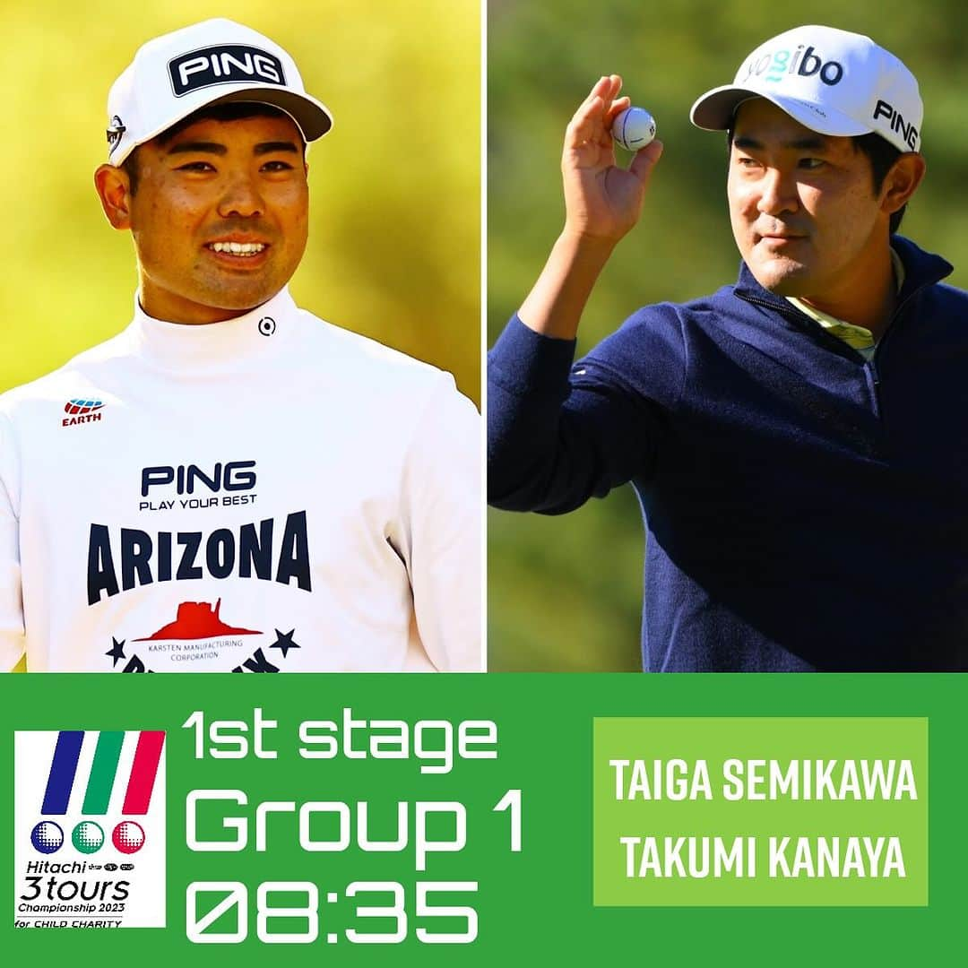  JGTO 男子プロゴルフツアーのインスタグラム：「「Hitachi ３Tours Championship」  明日の1st Stageの組み合わせです🙌  1st Stageは、各チーム2名の選手を選出、1組6名でプレー。選手2名が各自のボールでプレーしホールアウトするまで続け、最後に良い方のスコアをそのホールのスコアとするベストボール方式となります⛳️  #jgto  #golftournament  #男子ゴルフ #日立３ツアーズ選手権 #石川遼 #宋永漢 #蟬川泰果 #金谷拓実 #稲森佑貴 #平田憲聖」