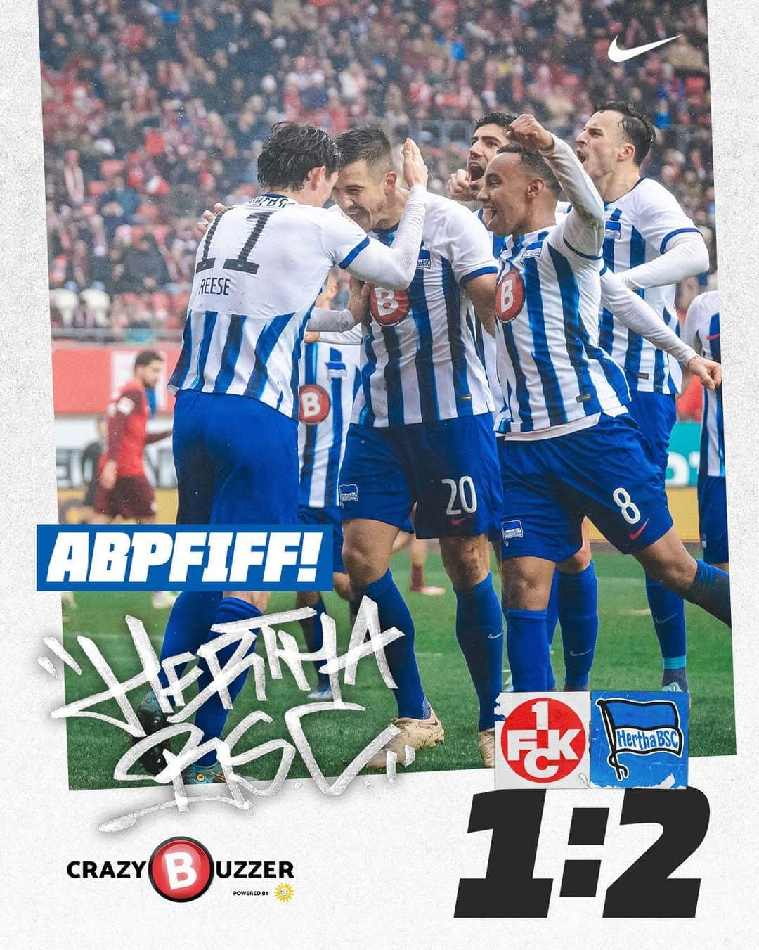 ヘルタ・ベルリンのインスタグラム：「Zurückgekämpft! 💙💙💙 AUSWÄRTSSIEG! 😮‍💨  . . #FCKBSC 🔚 | 1:2 | #HaHoHe」