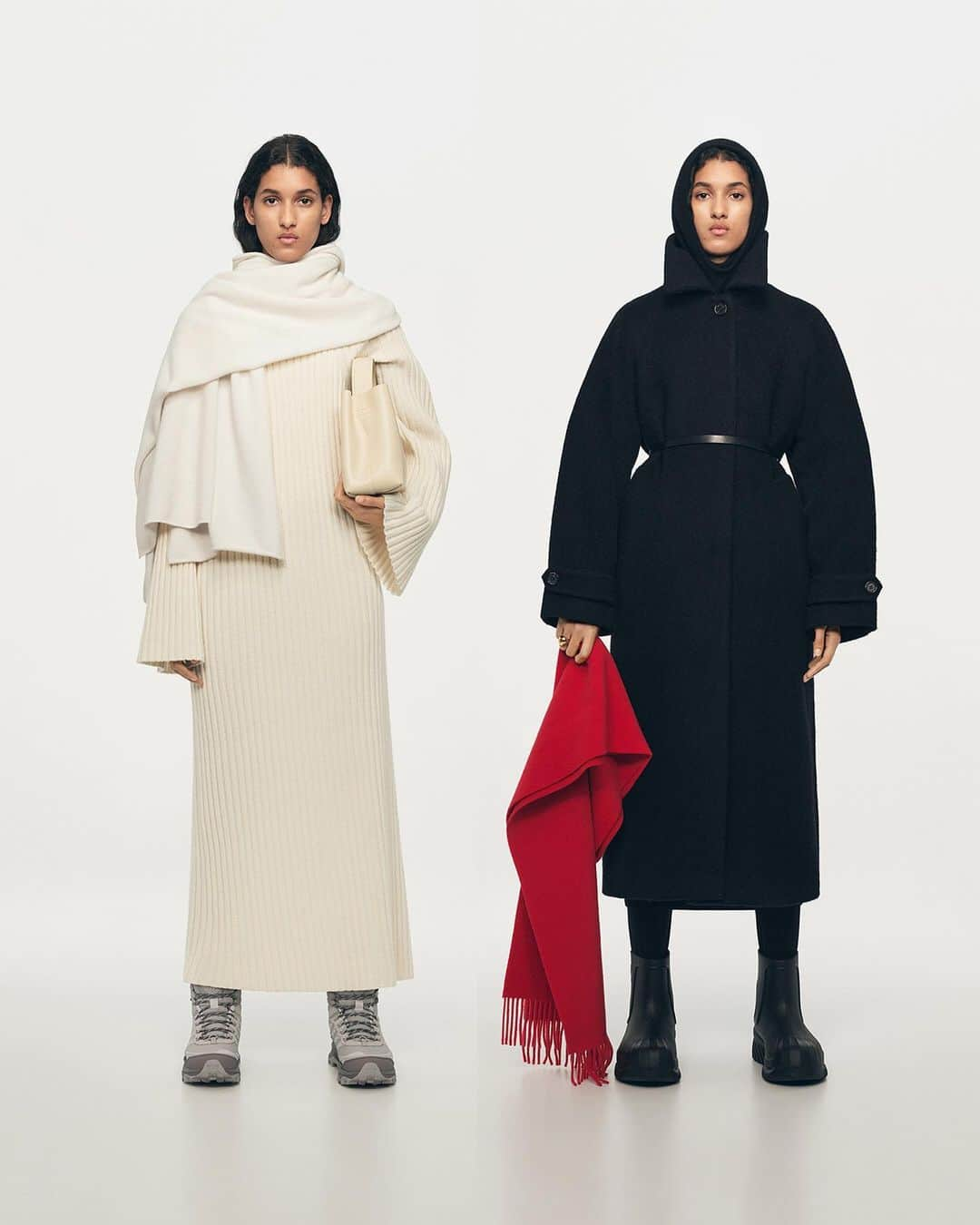 ARKETのインスタグラム：「LOOK 11. High-Neck Rib Dress, Cashmere Scarf, Cashmere Hood, Merrell Moab Speed Thermo Mid Hikers, Leather Crossbody Bag.   LOOK 12. Oversized Wool Coat, Velvet Wrap Skirt, Wool Top, Wool Scarf, Buckle Leather Belt, Cashmere Hood, adidas adiFOM Superstar Boots.  - Explore the full edit: link in bio. - #ARKET」