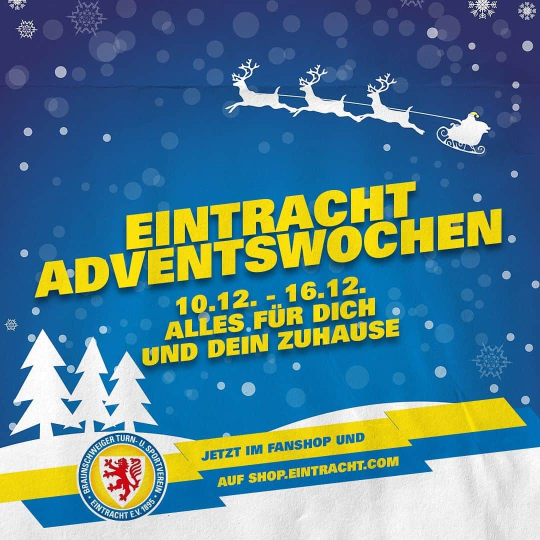 アイントラハト・ブラウンシュヴァイクのインスタグラム：「Eintracht Adventswochen im Fanshop 🙌💙💛!  Bis Heiligabend könnt ihr euch in unserem Fanshop jede Woche löwenstarke Rabatte sichern 🎄🦁.  In dieser Woche dreht sich dabei alles um "Dich und dein blau-gelbes Zuhause" 💙💛!  Bis einschließlich dem 16.12. findet ihr auf unseren Kanälen viele blau-gelbe Wohn- und Dekoartikel zu rabattierten Preisen - perfekt für das ein oder andere Weihnachtsgeschenk 🎅😉.  Das Fanshop-Team wünscht euch viel Spaß beim Einkaufen und einen schönen zweiten Advent 💙💛!  _____ #wirsindeintracht  #aantrachteck」