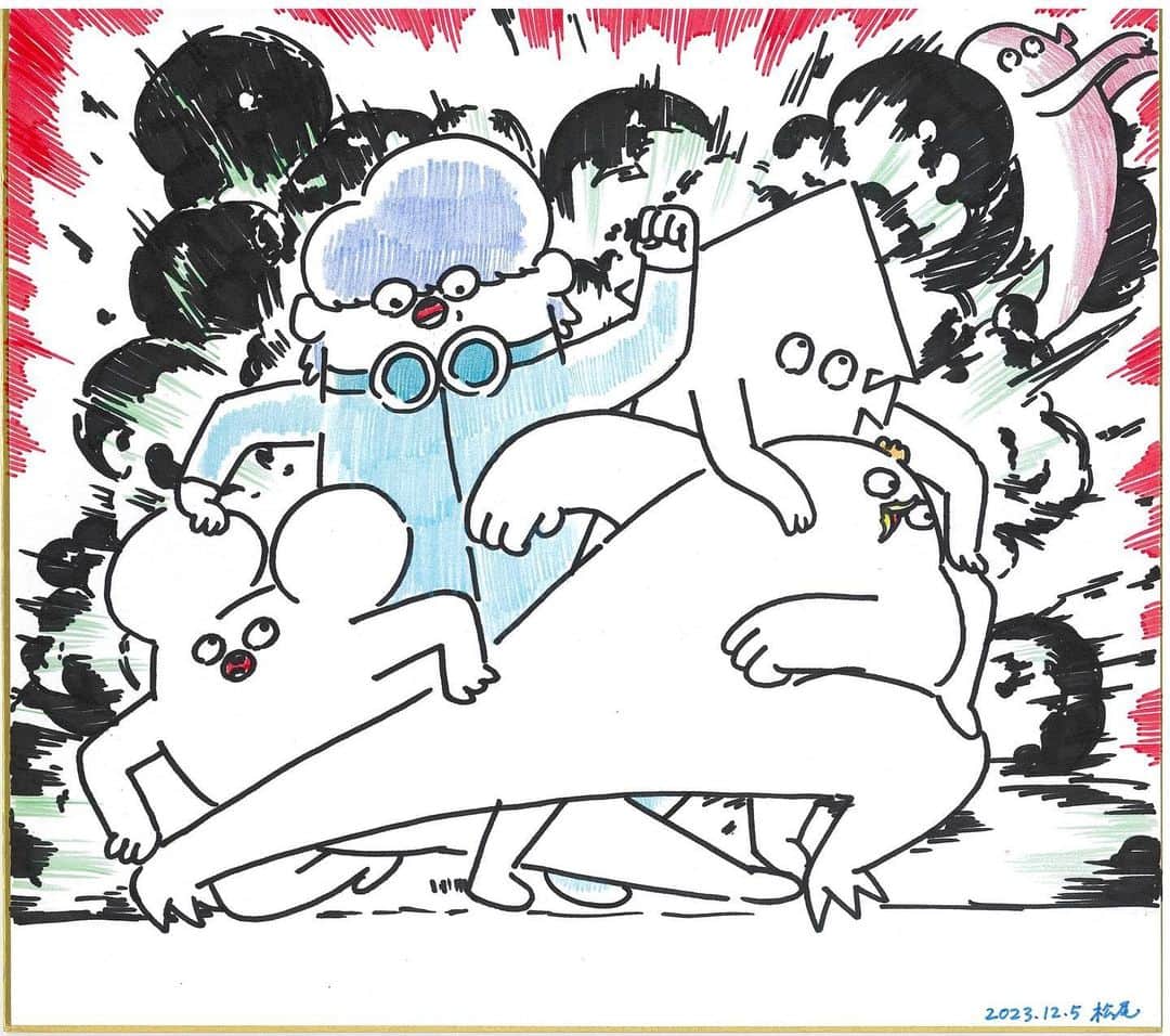 初めまして松尾ですのインスタグラム：「ステッカー100枚購入者様用イラスト色紙描いてるお。  先着10名で即完売になったお。 助かる〜とても助かる〜 貴方は助かった？」