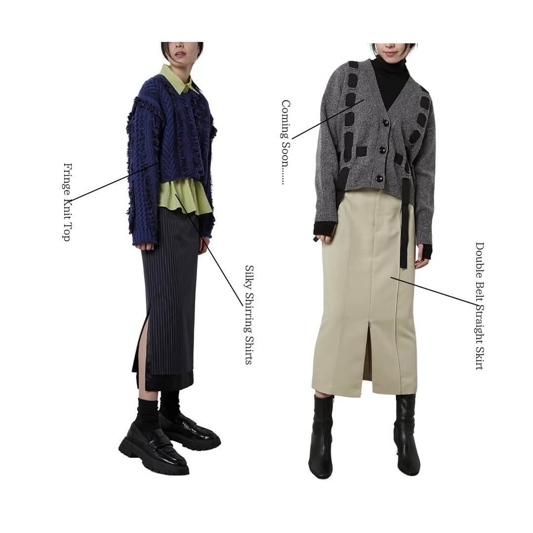 ルシェルブルーのインスタグラム：「NEW ARRIVAL >>> IN STORE NOW . . ☑︎ Fringe Knit Top ¥33,000+tax (Color: Gray, Blue)  ☑︎ Silky Shirring Shirts ¥26,000+tax (Color: Light Green, Off White)  ☑︎ Double Belt Straight Skirt ¥26,000+tax (Color: Black, Beige)  #lecielbleu #ルシェルブルー　#ss24 #fashion #styling #fringe #knit #silky #shirring #shirt #doublebelt #straight #skirt」