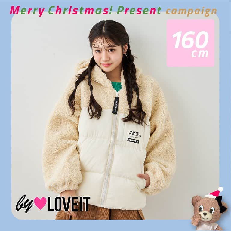 byLOVEiTのインスタグラム：「by LOVEiTクリスマスプレゼントキャンペーン 【こちらの投稿にエントリーしてね🐻】  切り替えボアブルゾン 160cm  バイ ラビット公式Instagramをフォロー +いいね♡&コメントでエントリー🫶  みんなの欲しい！の声にラビ子サンタ降臨🎅 4人が着てるアウターを抽選で1名さまずつ、 4名さまにプレゼントします❣️  今年の冬はホワイトアウターが大優勝♡ 欲しいアウターを選んでコメントしてね！  ▽詳しい応募方法はこちらをチェック❣️  ◆応募方法  1. @ byloveit_officialをフォロー 2.欲しいアウターにいいね♡してコメントすると応募完了🫶  ◆応募条件 国内在住の方  ◆応募期間 12月24日（月）まで  当選人数  4名様  ◆当選通知 当選された方にのみDMにてご連絡いたします。  皆さまのご応募をお待ちしております🐻🐰🎅  by LOVEiT ♡ MODELS  代田萌花（もちゅ） @moca.niina  田形珠愛（おじゅち） @juna.ll5  上埜れのん（れのん）　@xxrenonxx   鷲見かれん（カレン） @kalen_sumi_official   バイラビコーデ、かわいい♡と思ったら保存して、バイラビ欲しいモノリストをつくろっ  🎄クリスマスはバイラビコーデで🫶 🛍️ @byloveit_official  プロフのURLからおかいものしてね！  #byloveit #バイラビット  #小学生女子 #小学生コーデ #小学生ファッション #小学生ママ  #jsコーデ #キッズコーデ女の子 #こどもふく  #js6 #js5 #js4 #js3 #js2 #js1 #160cm #150cm #140cm #130cm #120cm #うめだ阪急　#博多阪急  #ナルミヤオンライン　#zozotown  @byloveit_snap  @narumiyaonline_official @cuugal_ @kirapichi」