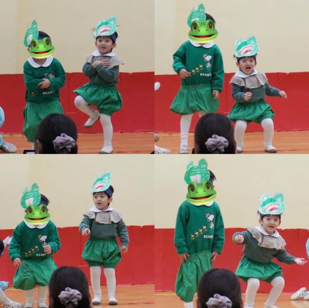 小泉留菜のインスタグラム：「🎄🎅🏻🔔 . . 幼稚園のクリスマス会🎄✨ 前々日まで役知らなくて衣装の指定された色が緑だったから 何役なんだろ〜って調べたらカエル🐸？て 予想してて本当にカエル🐸でハマり役すぎて笑った☺️👏🏻 終始飛び跳ねてて踊るところはしっかり踊れてた💃💃 . . 途中泣いちゃった子とか、わけ分からなくなっちゃった子に 対して、こっちだよ！とかよしよしやってるの見て うーちゃん生まれてから ほんとお兄ちゃんになったなぁと🥹🫶🏻 成長感じて感極まりそうになった😂👏🏻 . . お疲れ様カエルくん🐸👏🏻👏🏻👏🏻 #幼稚園 #お遊戯会  #3歳 #3歳男の子 #3歳児 #ママ #男の子ママ #ママスタグラム #25歳ママ #口唇口蓋裂 #関東ママ #埼玉ママ #第二子 #赤ちゃん #ベビー #baby #女の子ママ #2児ママ #0歳 #0歳児 #0歳児ママ #兄妹  #生後6ヶ月 #6ヶ月ベビー #6ヶ月」