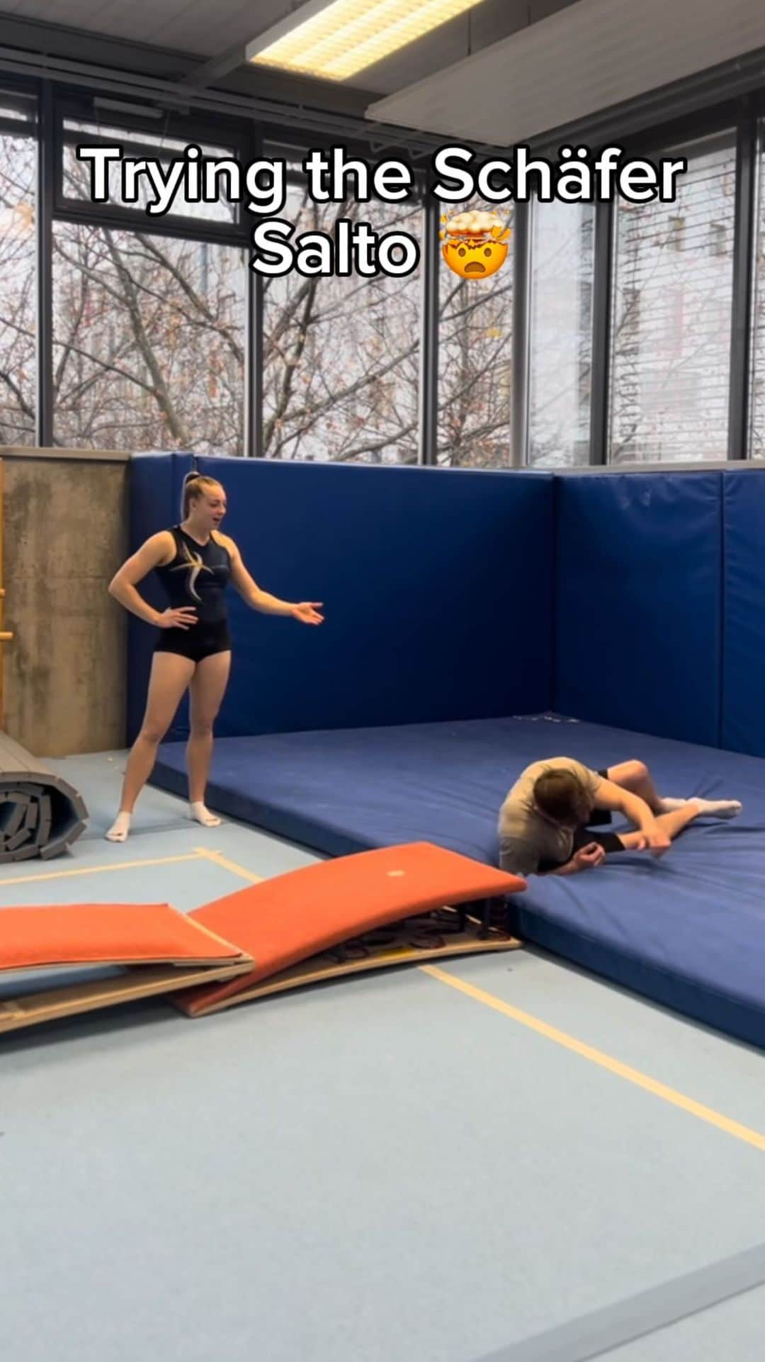 Carina Kröllのインスタグラム：「Trying the Schäfer Salto 🤯 @carinakroell   Example by @pauline_schaefer  Inspiration by @sophia_campana  #gymnastics #gymnast #beam #fail #fails #sports #ncaa #olympics #balancebeam」