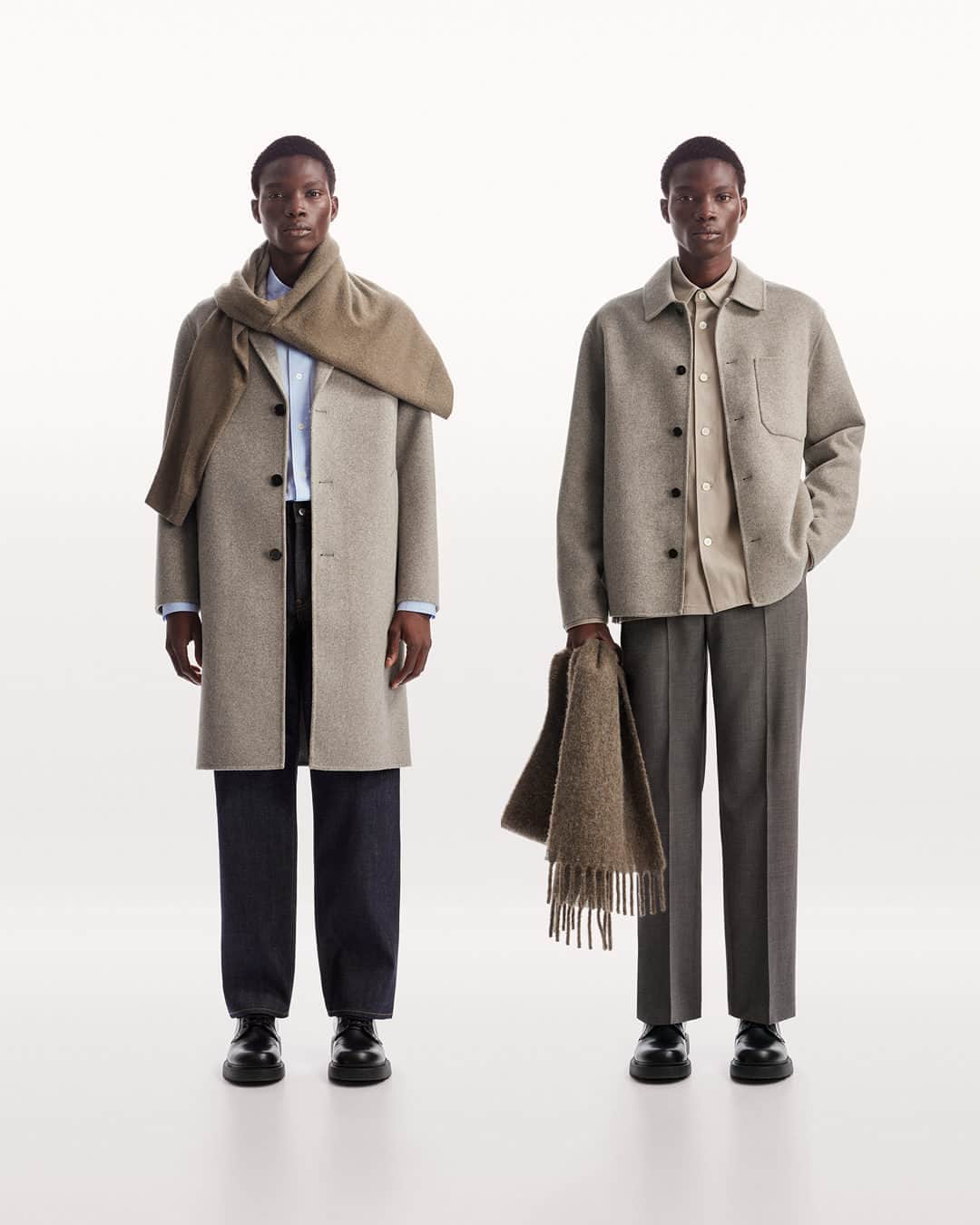 ARKETのインスタグラム：「LOOK 06. Double-Face Wool Blend Coat, Oversized Poplin Shirt, Cashmere Jumper, OCEAN Loose Straight Jeans, Lace-Up Leather Boots.  LOOK 03. Doublé Overshirt, Twill Over-shirt, Straight Wool Trousers, Alpaca Blend Scarf, Mercerised Cotton Socks, Lace-Up Leather Boots. - Explore the full edit: link in bio. - #ARKET」