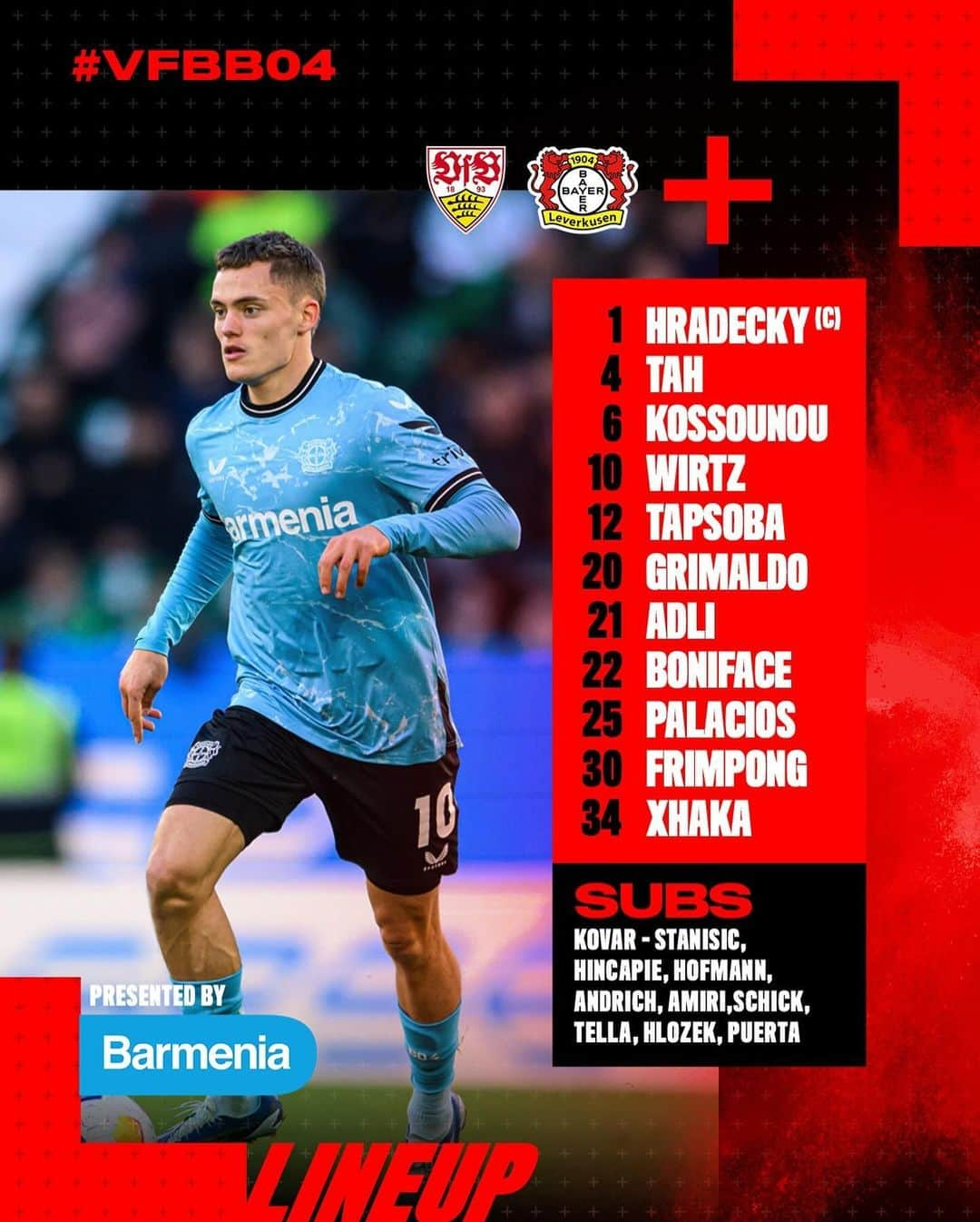 バイエル・レバークーゼンのインスタグラム：「1️⃣1️⃣ STARTING XI VS. STUTTGART! 🔥  #VFBB04 #Bundesliga #Bayer04 #Werkself」