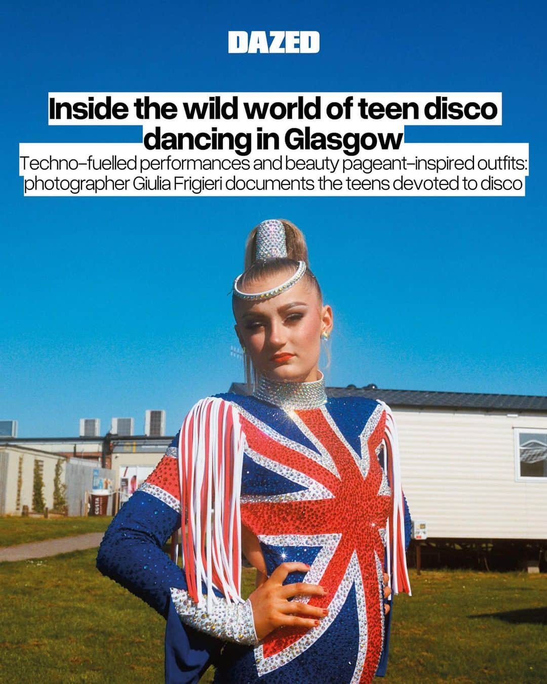 Dazed Magazineのインスタグラム：「“My first contact with disco freestyle came unexpectedly a couple of years back,” Italian-born photographer @giuliafrigieriphoto tells Dazed.   She was browsing on social media when she “stumbled across some shots taken by the Danish image-maker Marie Hald”.   These were backstage photos of disco freestyle dancers practising moves and stretching ahead of a contest. “My reaction was instant,” she says. “I thought, ‘what the hell are these spectacular costumes? What is this discipline?’”  Obsessed with her discovery, Frigieri got stuck into research: disco freestyle appeared to be particularly popular in Scandinavia, and was also taken over Scotland and Ireland.   “Through a BBC Scotland documentary, I was introduced to four disco freestyle schools scattered across the region,” Frigieri explains.   Among them was Team Sharkie – an institution within the UK’s niche dance circuit, located a short drive away from Glasgow in Bellshill, North Lanarkshire – whose talented teenagers would eventually become the focus of her series Disco Lassies.  Read more through the link in our bio 🔗  📷 @giuliafrigieriphoto  ✍️ @_gilbruno」