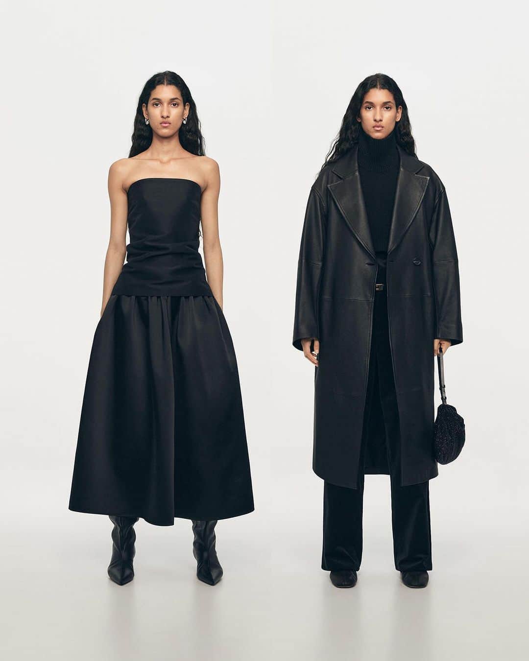 ARKETのインスタグラム：「LOOK 04. Dressed Bustier, Taffeta Skirt, Pointed Kitten-Heel Boots.   LOOK 09. Belted Leather Coat, Wool Knitted Bib, Wool Top, Relaxed Velvet Trousers, Buckle Leather Belt, Over Knee Boots, Rhinestone Shoulder Bag.  - Explore the full edit: link in bio. - #ARKET」