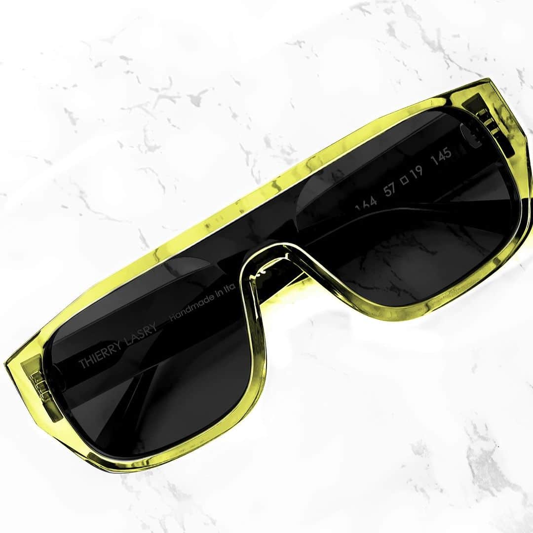 ティエリー ラスリーのインスタグラム：「the THIERRY LASRY “KLASSY” shield sunglasses in translucent neon acetate w/ grey lenses #thierrylasry #handmadeinitaly」
