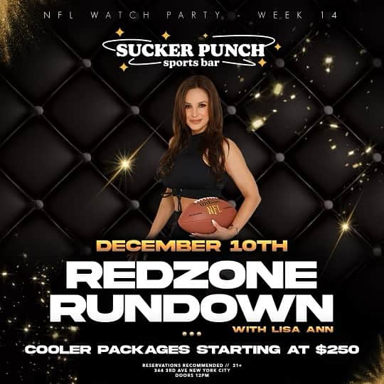 リサ・アンのインスタグラム：「Today is the kick off of my weekly “Redzone Rundown” @suckerpunchsportsbar 📺 the games with me and enjoy my wine @lisabylisaann and some @liquiddeath   #redzonerundown #suckerpunchsportsbar #nyc #lisabylisaann #liquiddeath #thereallisaann」