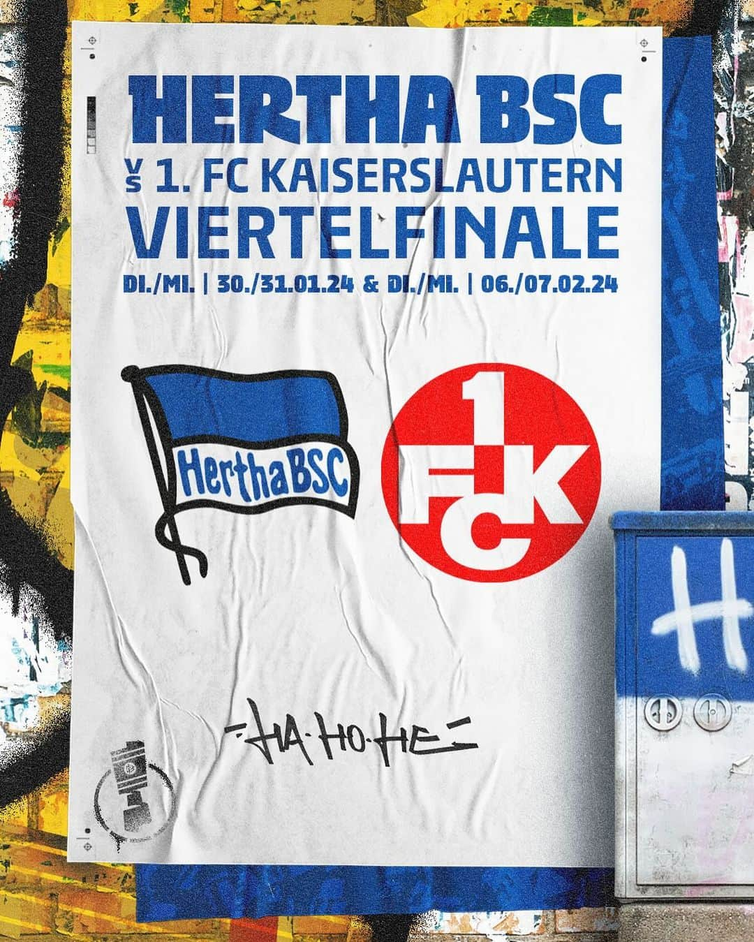 ヘルタ・ベルリンのインスタグラム：「So schnell sieht man sich wieder, @1fckaiserslautern1900! 🤜🤛 Unser Viertelfinal-Los für den @dfb_pokal! 🏆  HEIMSPIEL IM @olympiastadionberlin! 💙🤍  #BSCFCK #HaHoHe」