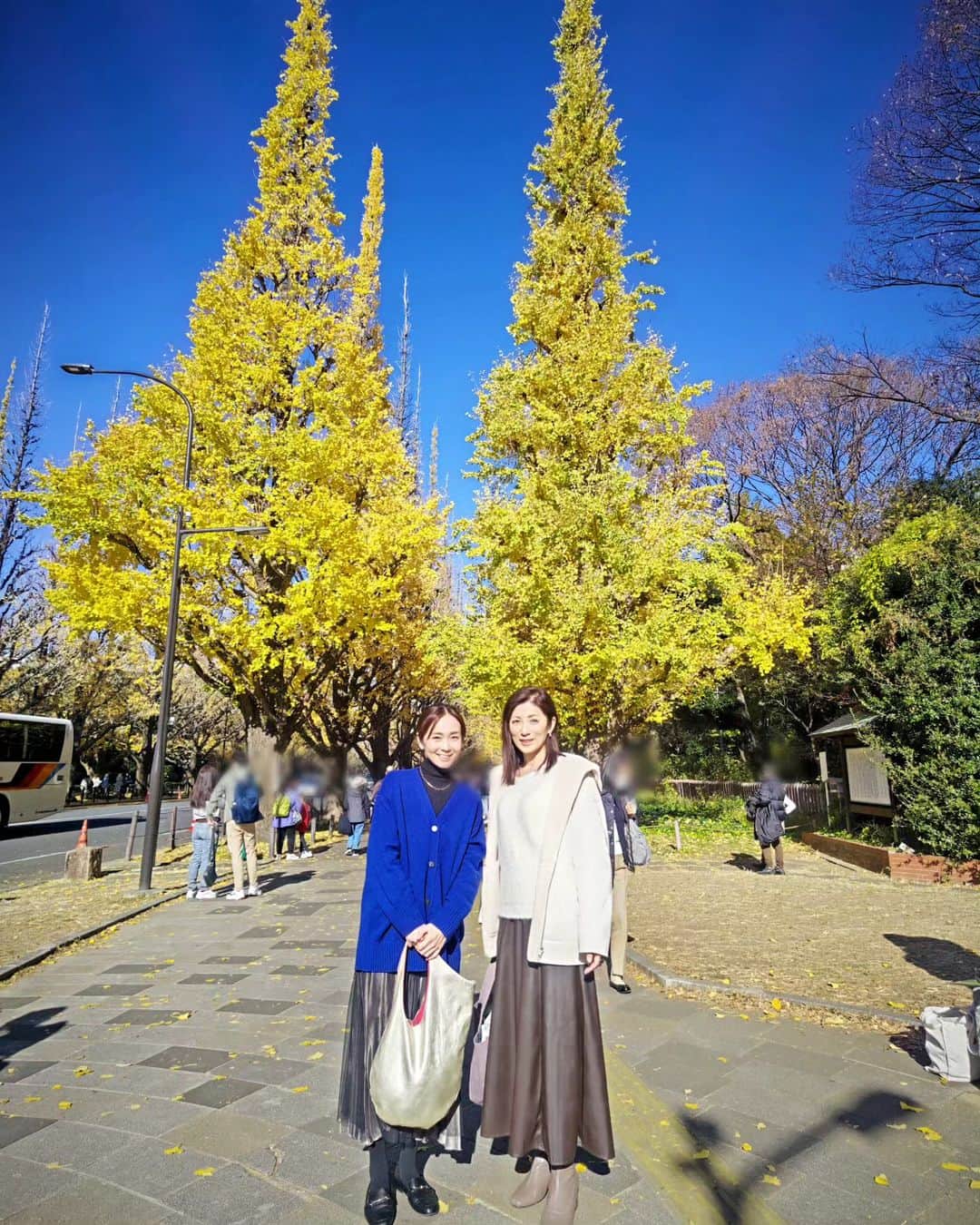中田有紀のインスタグラム：「今日の東京は曇り空ですが、ここ数日、天気のいい日が続いていたので週末は神宮外苑へお散歩に😃 イチョウ並木もだいぶ葉が落ちてしまっていましたが、かろうじてキレイなイチョウが残っていて、みんなここで写真を撮っていましたよ📸 青空とのコントラストがよき😊 お相手は…松岡洋子ちゃんでした💕 #神宮外苑 #イチョウ並木 #松岡洋子 ちゃん」