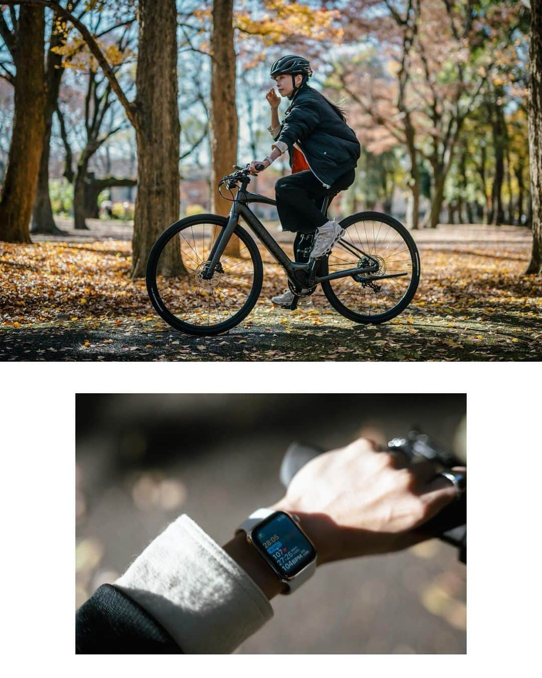 市川渚さんのインスタグラム写真 - (市川渚Instagram)「. . Cycling with #AppleWatchSeries9 ⁡ 先日参加させて頂いたApple Watchと走るサイクリングセッション。Specializedさんのe-bikeをお借りして、代々木公園を走ってきました🚲 ⁡ 普段、自転車はシェアサイクルにちょこっと乗るくらいということもあり「watchOS 10とApple Watch Series 9でサイクリング関係の機能がかなり充実したよ！」と言われてもあまりピンと来てなかったのだけど、実際サイクリングをしてみるとかなり充実した機能が提供されていることを実感。 ⁡ WatchのワークアウトAppでサイクリングをスタートするとiPhoneと連動して、iPhone側にもアクティビティの状況が表示されたり（とても見やすくて楽しい）、パワーゾーンの測定ができたり（ジムのバイクにあるようなやつ）、スピードメーターやケイデンスセンサーといったBluetooth対応の専用機器と直接繋げたりすれば、もっと多くの指標が確認できるようになるそう。一方、Watchには転倒検知の機能もあるから、万が一の時の事故のときの安心感もあって頼もしいよなーなどと。 ⁡ 代々木公園はちょうど紅葉が美しく、抜けるような青空とちらちらと空を舞う葉を眺めながら、風を感じて、サイクリングの楽しさを改めて実感する1日でもありました。 代々公は中学生の頃から行っていたというのにサイクリングコースがあるのを知らなかった自分にも驚いた😂 ⁡ そして、e-bikeは重たくて扱いづらいイメージがあったけれど、今回乗せていただいたSpecializedのTurbo Vado SLは無茶苦茶軽くて扱いやすくて、すっかり欲しくなってしまった。来年は自転車をはじめてみるのもいいかもなあ〜」12月11日 10時40分 - nagiko
