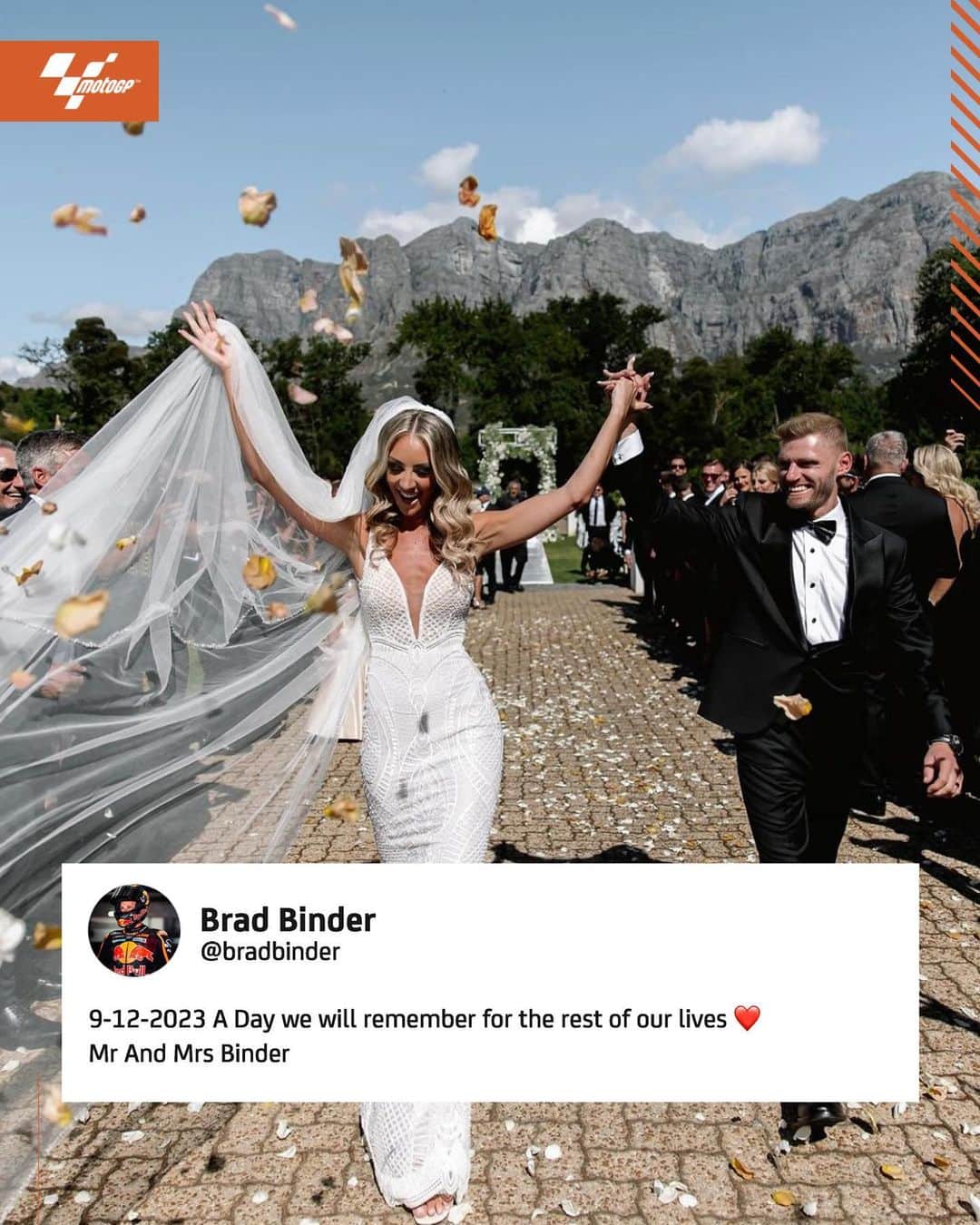MotoGPのインスタグラム：「Just married ❤️ Could the winter break start in a better way for @bradbinder? Congratulations to the @ktmfactoryracing rider and Courtney! 🤵‍♂️👰‍♀️  #MotoGP #BradBinder #BB33」