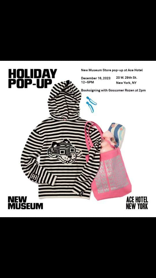 ニュー・ミュージアム・オブ・コンテンポラリー・アートのインスタグラム：「✨ Exciting News: The New Museum's Holiday Pop-Up ✨  Join us for a festive celebration at @acehotelnewyork on Saturday, December 16th, from 12:00 pm to 5:00 pm! 🎉 The @newmuseumstore is curating a special one-day holiday pop-up in honor of The @newmuseum's Judy Chicago retrospective, Herstory.  🎁 Discover a curated selection of unique gifts produced, designed, and/or made by incredible women artists. From handmade ceramics by Jess Chen to 3D printed beanies and scarves by Gossamer Rozen, and even a candle sculpture by Judy Chicago – there's something for everyone on your list!  🌟 Don't miss the special onsite activation by Gossamer Rozen, and participate in our raffle for a chance to win a one-year complimentary New Ideas Fellow ($400 value). Plus, enjoy complimentary admission tickets to the New Museum with a minimum purchase!  🎨 Meet Gossamer Rozen, a talented transgender Filipino and Black fine artist and tattooer based in Brooklyn. Their unique body of work explores various media, including tattooing, woodcarving, textile art, soft sculpture, digital media, animations, and clothing design. Rozen believes in the transformative power of the creative process and views it as a meditative practice.  🛍️ Featured products from amazing artists and creators: @tigerbob_global @warrenstevenscott @theprospectny @__jesschen__ @phaidonpress @Princetonupress @ligorano @shockofgreyshop @jcfontanive @illycaffe @thirddrawerdown @daysofaugust @kller_collection @broken_plates @omy_maison  Mark your calendars and bring the holiday cheer! 🌈🎄  #newmuseumpopup #holiday #gifts #artisticcelebration #giftsforher #giftsforhim #events #nyc #acehotel」