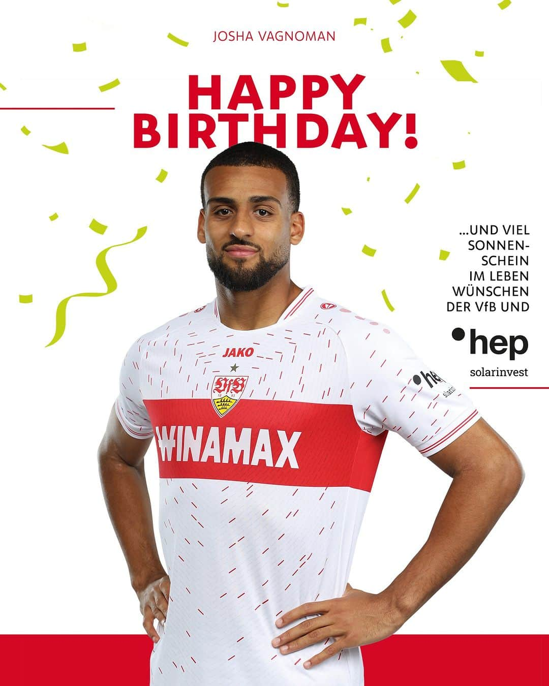 VfBシュトゥットガルトのインスタグラム：「Happy Birthday, Josha #Vagnoman! Wir wünschen dir alles Gute zu deinem 2️⃣3️⃣. Geburtstag! 🥳⚪🔴  [@hepglobal | Anzeige] _ @josha.v | #VfB #VfBStuttgart #VfBStuttgart1893 #ausCannstatt #furchtlosundtreu #HappyBirthday #allesGute #VfBInsta」