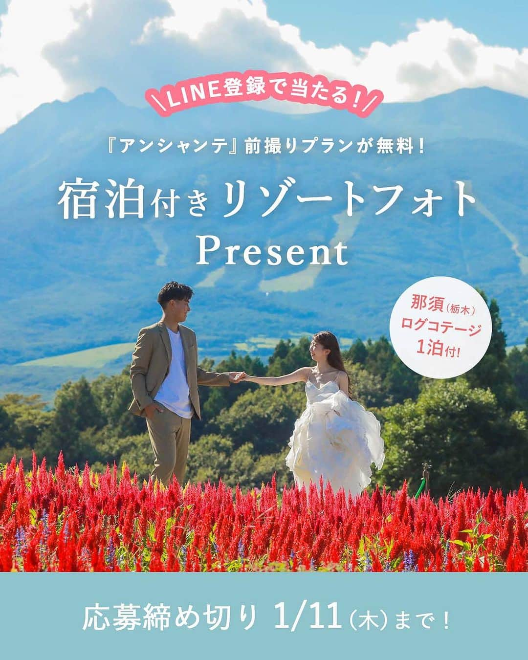 Choole 業界初、オンライン結婚式準備サービスのインスタグラム：「トキハナLINE登録で当たる！『アンシャンテ那須 リゾートフォト無料プレゼントキャンペーン』を開催📸🤍  式場未決定のプレ花嫁さま限定で、プロのフォトグラファーの撮影を経験できるチャンスをプレゼント！✨ 今回は、ドラマチックなフォトウエディングが叶う『Enchante(アンシャンテ)さん』とのコラボイベント！❄️  【イベント詳細】 ●撮影エリア：那須 ●プレゼント内容：宿泊付リゾートフォトウエディングプラン 約100カット、全データ込 ログコテージ「フィンランディア」宿泊1泊プレゼント ●利用期限：2024年2月末までのご利用 ＊撮影は平日のみ可能  ●応募期間：1/11（木）まで ●抽選発表：1/15（月）までにLINEにてご連絡 ＊当選者様のみへのご連絡となります事を予めご了承ください🙇‍♀️   応募方法はトキハナInstagramのハイライトorストーリーから！ 追加イベントや詳細を見逃さないようにフォローをお忘れなく💫  皆さまからのご応募お待ちしております🕊  #トキハナ#ブライダルフォト#ロケーションフォト#ロケフォト#リゾートフォト#前撮り#前撮りプレゼント#花嫁プレゼント#式場探し」