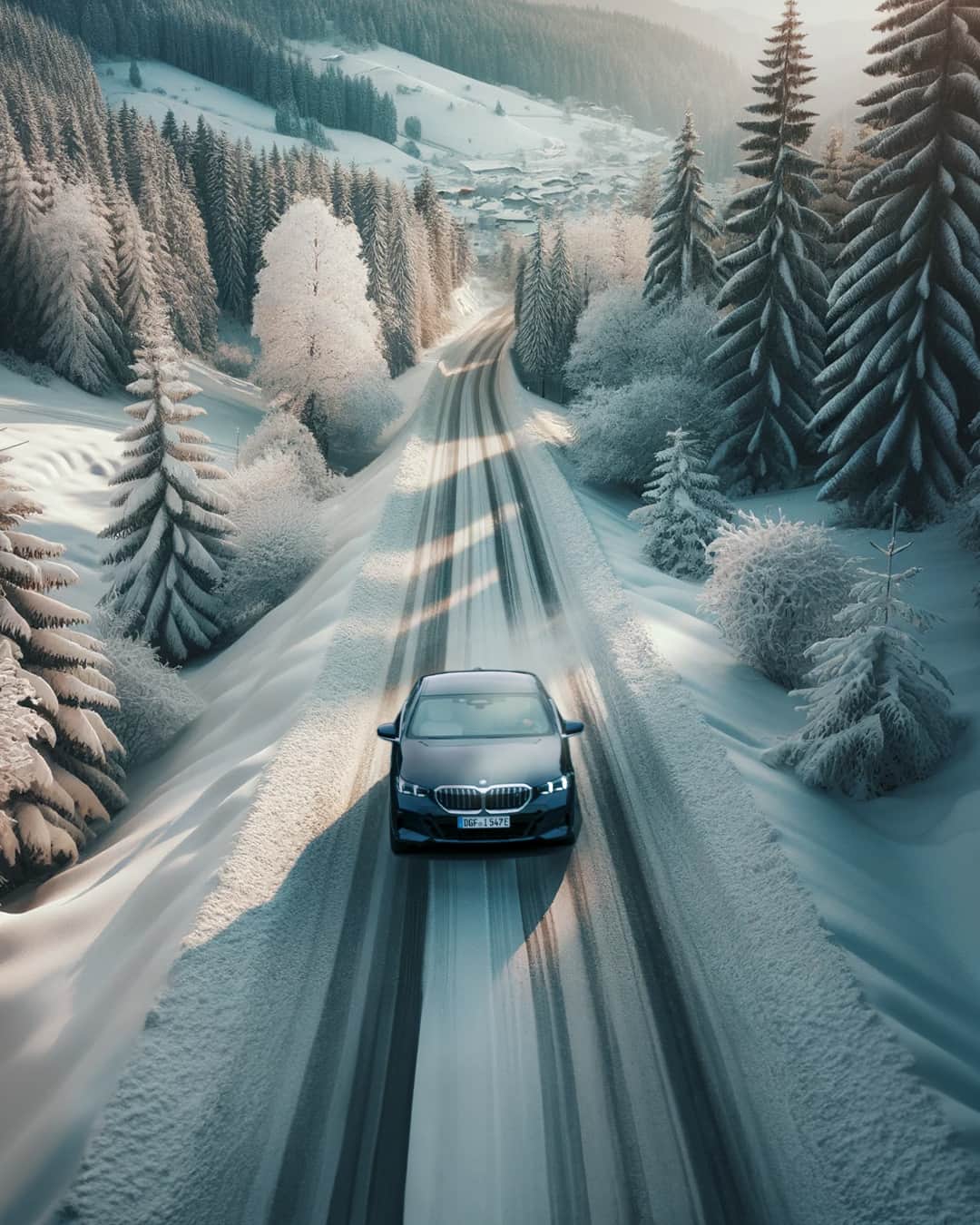 BMWのインスタグラム：「Chasing winter wonderlands one snow covered drive at a time. ❄️🚗✨  Enhanced with AI.   THE NEW BMW i5. 100% electric.  #THENEWi5 #THEi5 #BMW #BMWi #BMWElectric __ BMW i5 eDrive40​: Combined power consumption: 19.7–15.9 kWh/100 km. Combined CO2 emissions: 0 g/km. Electric range: 472–582 kilometers. All data according to WLTP. Further info: www.bmw.com/disclaimer」
