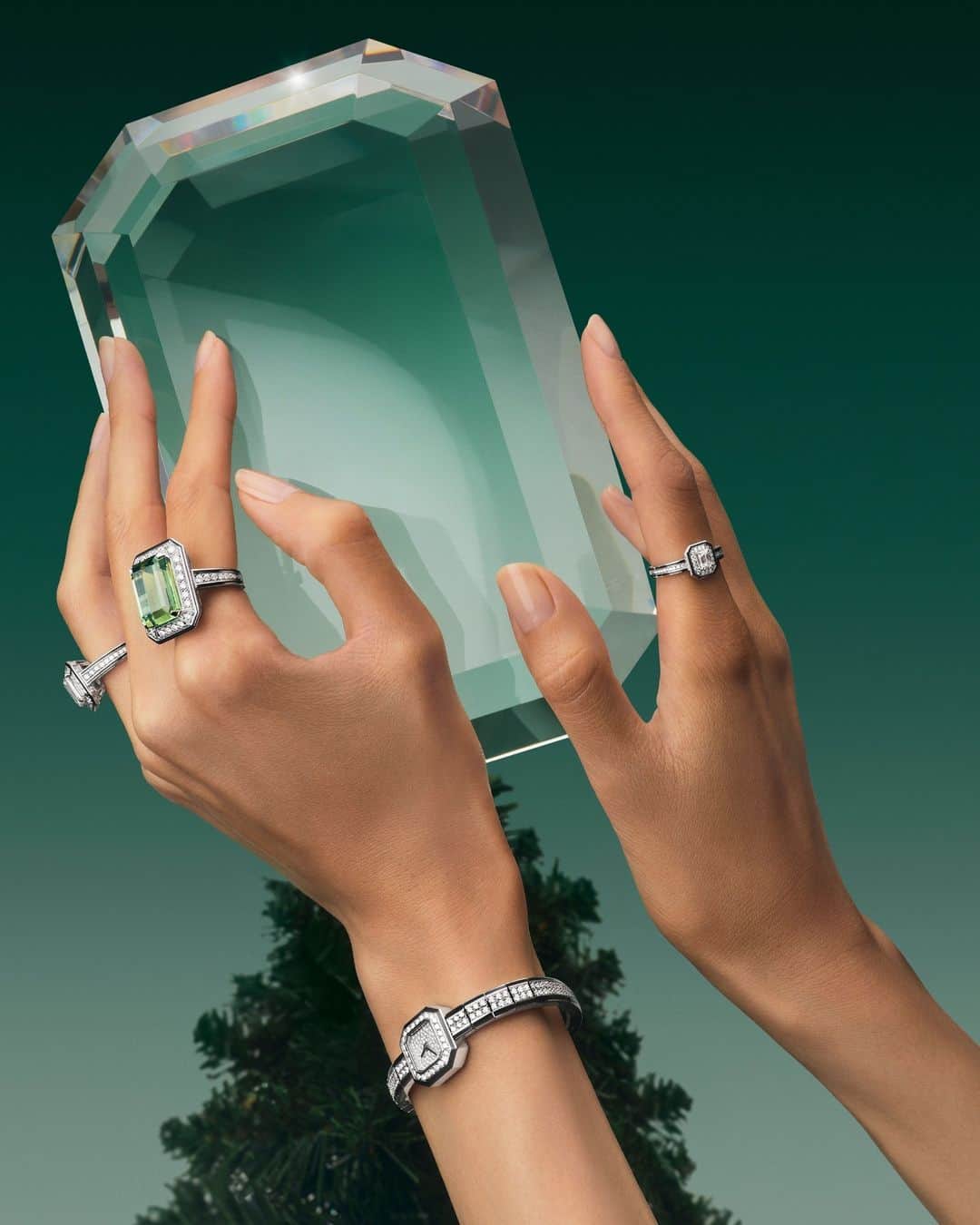 ブシュロンのインスタグラム：「Today on the wishlist: a work of art. Inspired by the Place Vendôme shape, the Liseré collection is for those who move the lines.⁣ ⁣ ⁣ #EmeraldEnchantment⁣ #BoucheronHoliday」