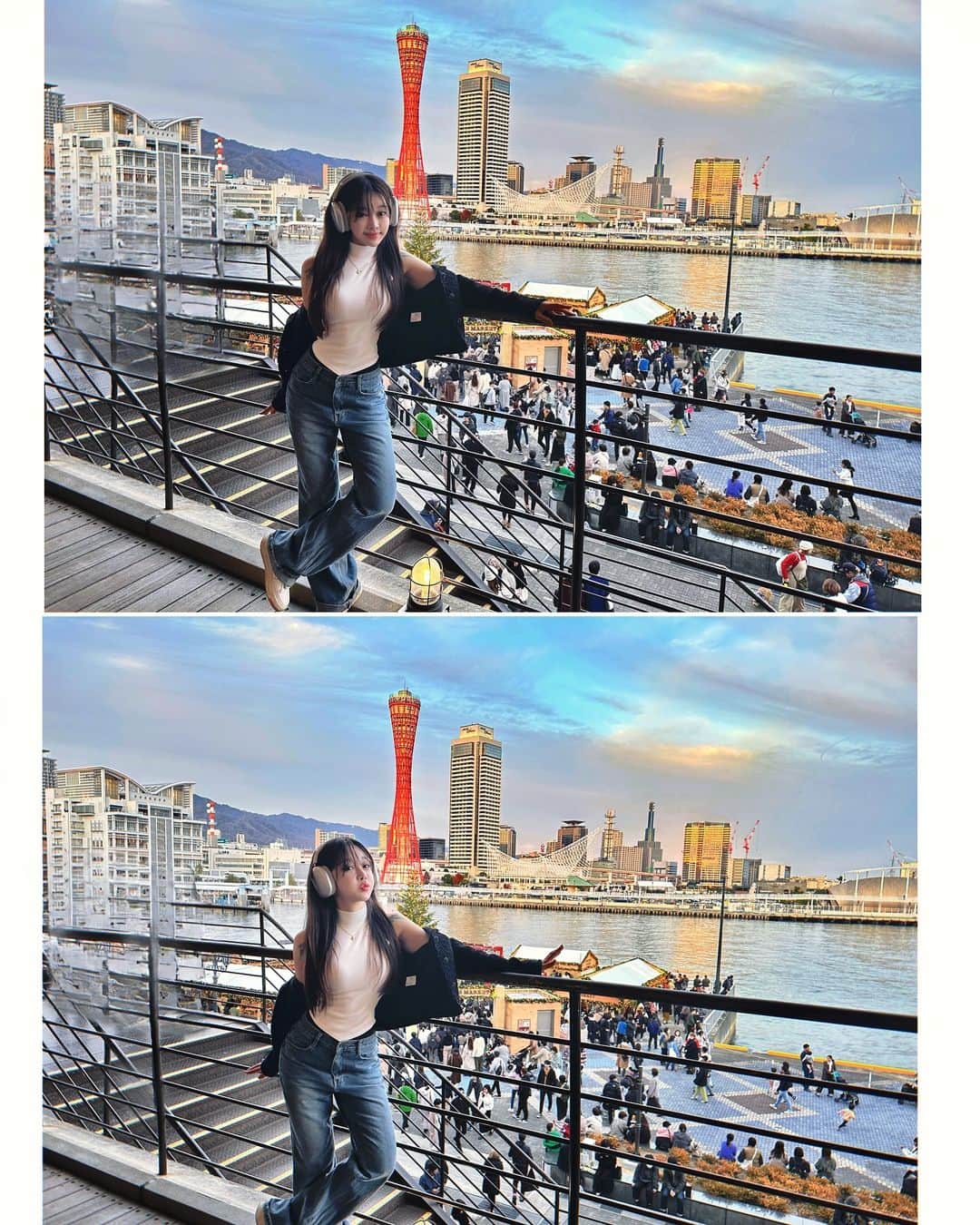 チョ・ミニョンのインスタグラム：「#고베여행 🇯🇵 #고베타워 ☺️ 다양한 사람들의 색깔로 찍어준 제 사진이 넘쳐나네요 #고베규카츠 를 먹으러 가기 전 인증샷 ⭐️ ⠀⠀⠀⠀⠀⠀⠀ 멋진 한국 누님들이 찍어준 사진 역시 울 한국 언니야들이 사진을 잘 찍어요 📸」
