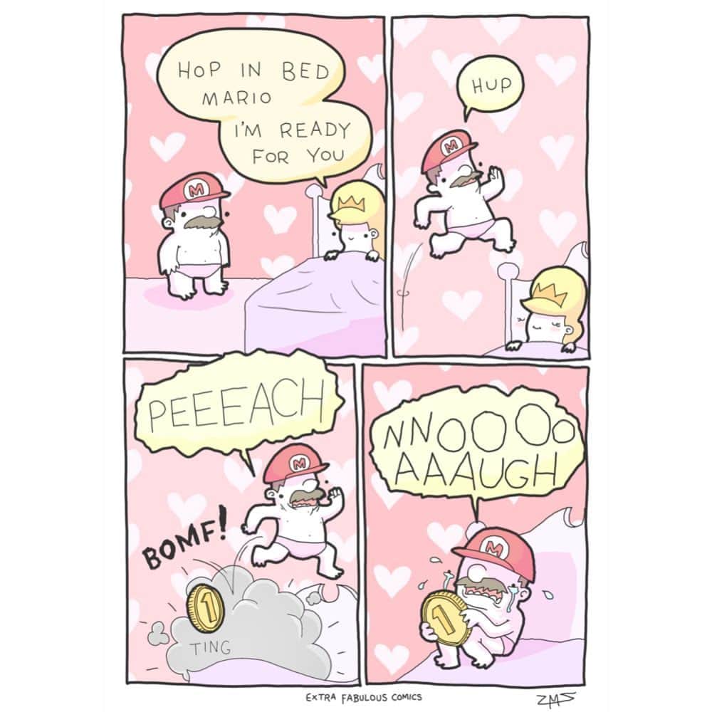 9GAGのインスタグラム：「Just leave the room and walk back in, she'd probably respawn ✍🏻 @extrafabulous_comics  - #comics #mario #peach #memes #couples #9gag」