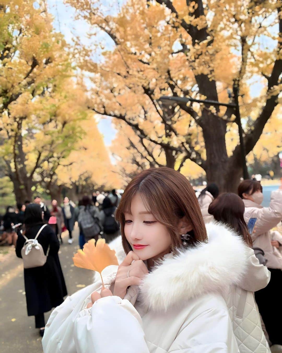 明日花リナのインスタグラム：「イチョウ並木お散歩しに行きました💛 毎年行きたいなーって思ってて行けてなかったから嬉しかった 黄色が綺麗で自然の空気が澄んでて気持ちよかったー♡」