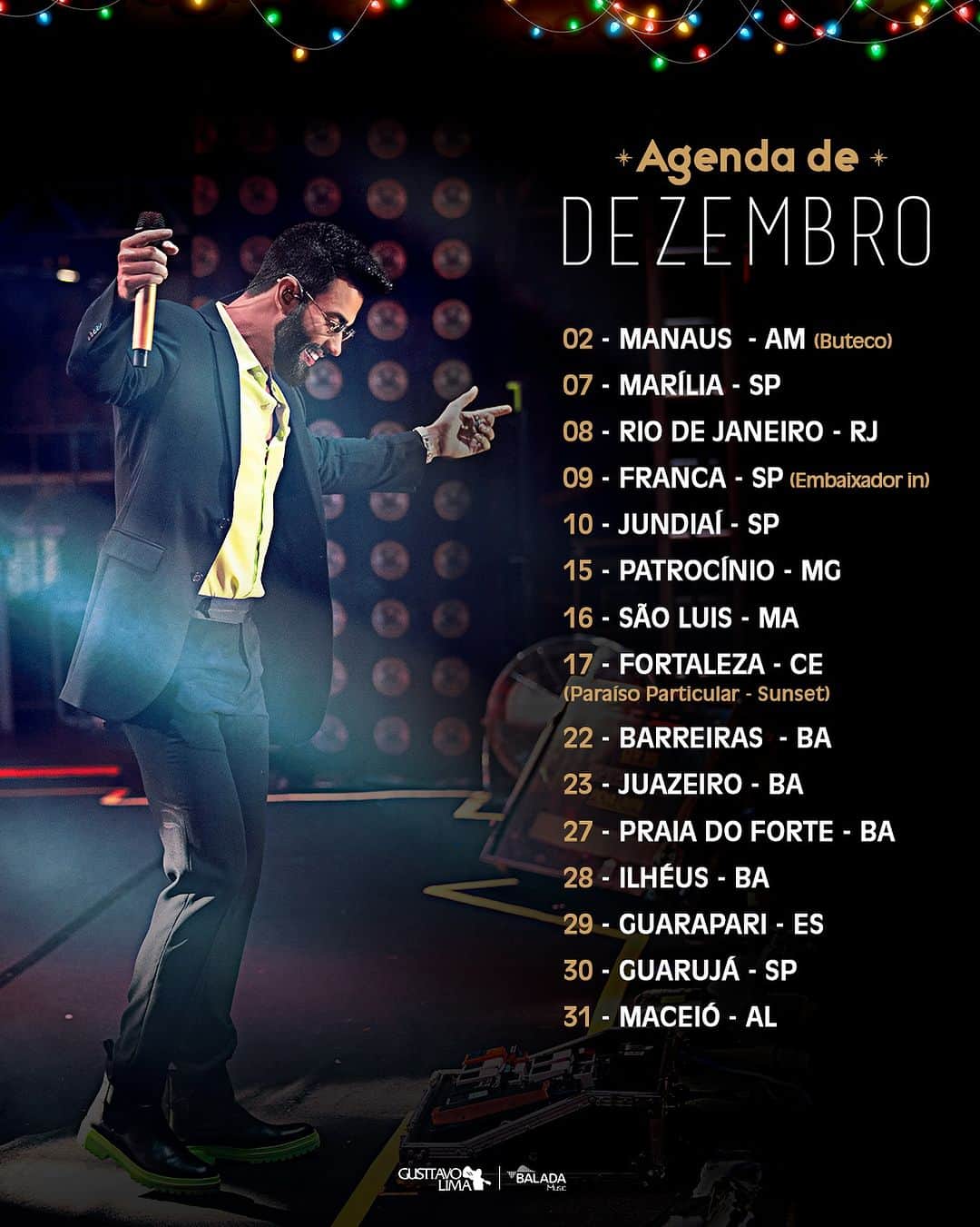 グスタボ・リマのインスタグラム：「Vamos fechar o ano com chave de ouro! Confira minha agenda de shows neste mês de dezembro. Quem vem comigo?🏛️  #AgendaDoEmbaixador」