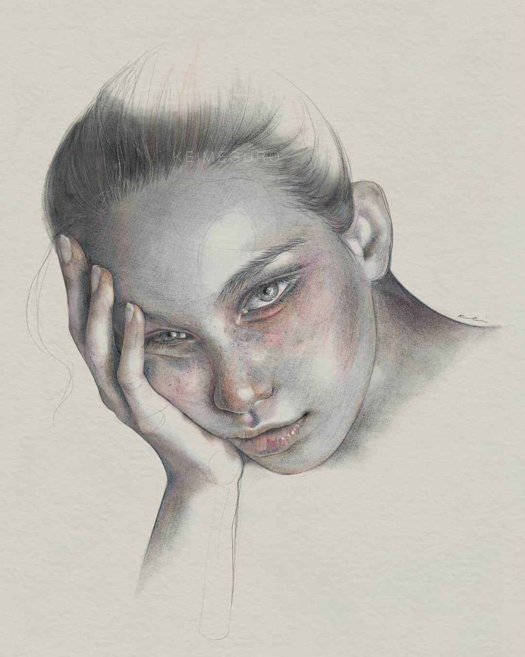 目黒ケイのインスタグラム：「If you spend a lot of time in your head, you might as well make it a nice place.🌈  Back in the studio after a full week of being offline at my grandmother’s. We connected on a level I’ve never experienced and it was a healing experience- it’s starting to reflect on my sketches.」