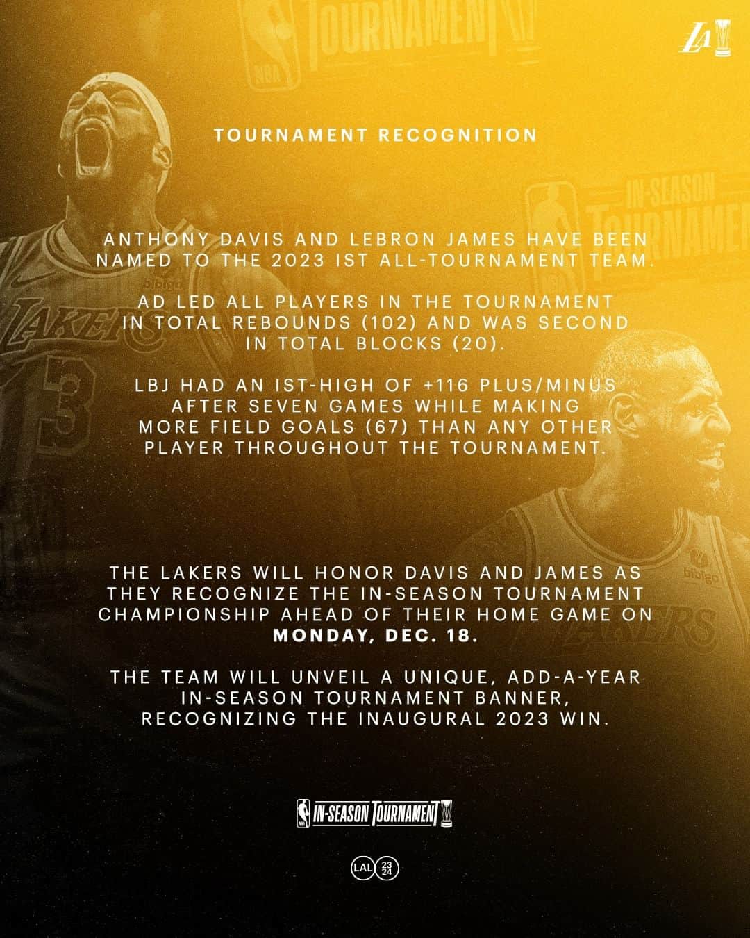 Los Angeles Lakersさんのインスタグラム写真 - (Los Angeles LakersInstagram)「Lakers Nation, join us in celebrating our undefeated run to the inaugural In-Season Tournament Championship 🏆」12月12日 7時08分 - lakers