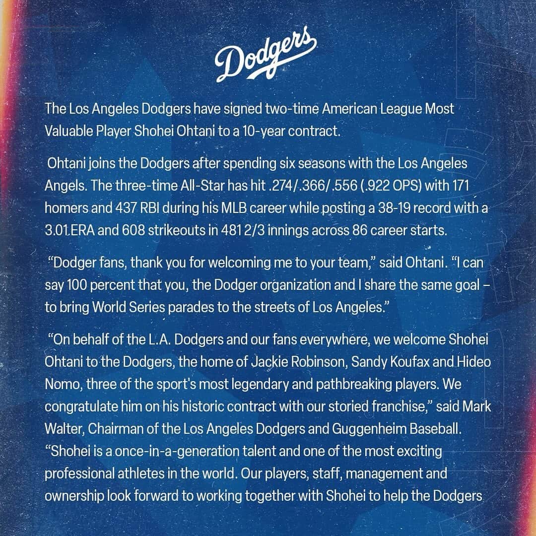 Los Angeles Dodgersのインスタグラム：「The Los Angeles Dodgers have signed two-time American League Most Valuable Player Shohei Ohtani to a 10-year contract.」