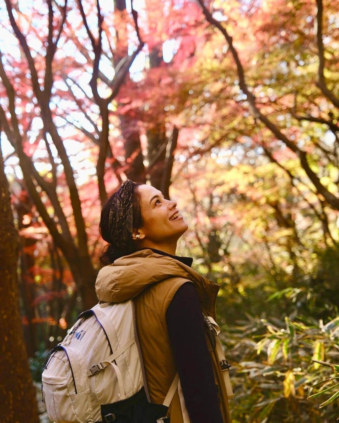 仲川希良のインスタグラム：「Advent2023🌲7 ・ 8日は鎌倉へ 四角友里さんのアテンドで KUKKA party の皆さんと一緒に 獅子舞の谷の紅葉を堪能してきました ・ 「ここは色付くと最高」と何度も耳にしていた獅子舞 友里さんのおかげで最高のタイミングで歩くことができました 鎌倉の紅葉は12月なんですねぇ ・ ・ チラチラと揺れる小さなモミジが集まって色とりどりのスクリーンになり それが幾重にも重なって新たな色を生み 降り注ぐ光を浴びた自分までその色に包まれる ・ 差し込まれる木の影の模様も美しいアクセントでした ・ ・ 見上げ続けて 縮こまった体がいつの間にやらほぐされたな ・ ・ ・ KUKKA partyは山登りを楽しむ方を応援するコミュニティ @kukka_moi  今回はカメラ好きな方が多く("写ルンです"をお持ちの方も！) 小さな谷を撮影しながら たっぷり1時間かけて登ることができて嬉しかったです ・ 私の写真は友里さん @yuri_yosumi が撮ってくれました♡ ・ ・ #登山 #トレッキング #ハイキング #山旅 #鎌倉 #紅葉 #獅子舞の谷」