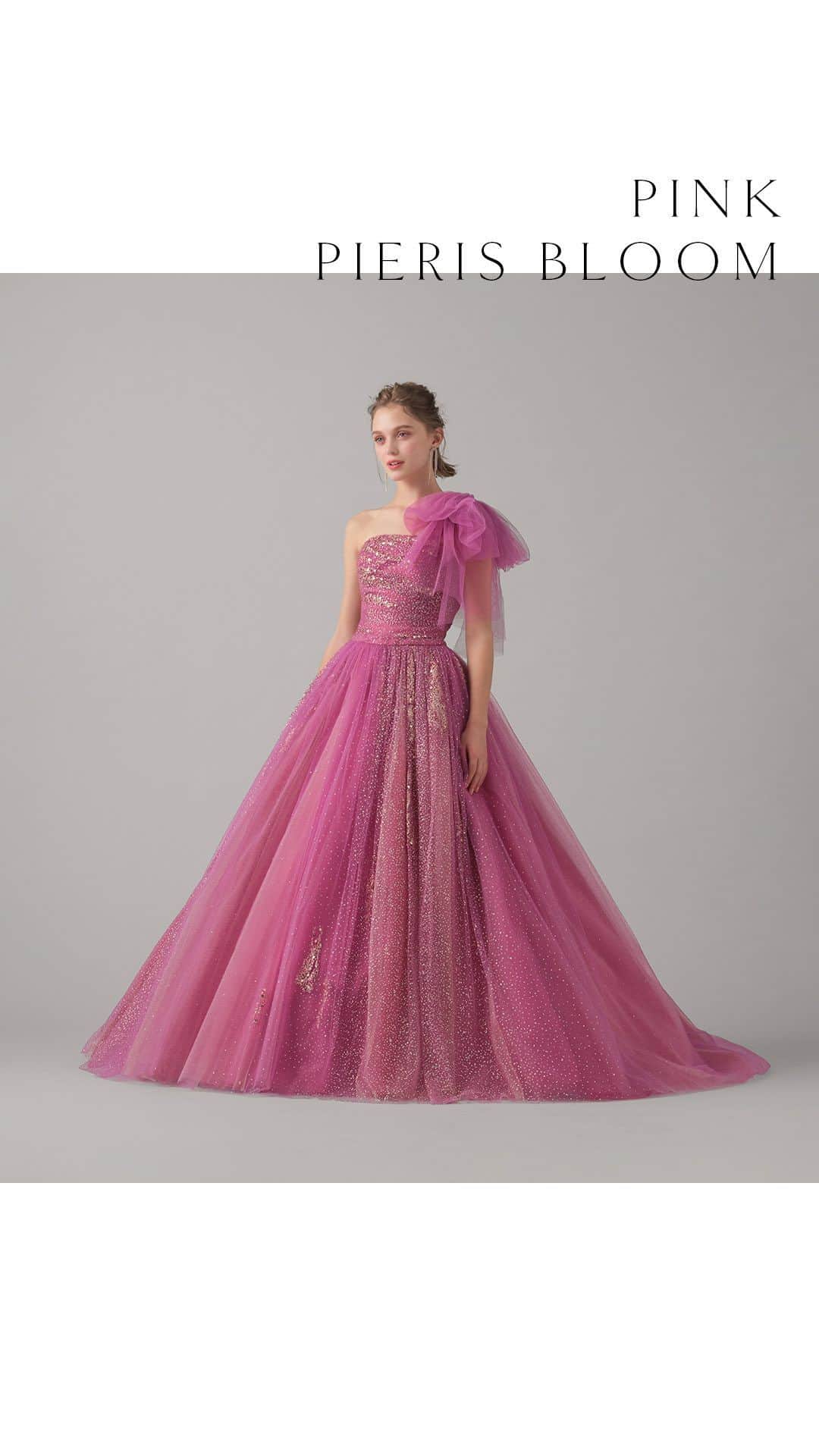 TAKAMI BRIDALのインスタグラム：「［コメント欄に🧡をください！ ］  気になる衣裳を保存しておくと、見返すときにも便利です🕊💕   Pink Pieris Bloom / ピンク・ピエリス ブルーム  大人気のドレス「ピエリス」シリーズから、さらに輝きをプラスしたゴージャスなドレスが登場。  ときめくピンクとオーロラ色に輝くグリッターの瞬きが、最高の日を祝福しているかのような幸福感にあふれたドレス。  ボリュームのあるワンショルダーは、 首から肩にかけての美しいラインをより魅力的に引き立たせ華やかに演出します。  ※リボンストラップは取り外し可能です。 ※ウエストリボンは取り外し可能です。  #takamibridal  #weddingdress  #photowedding  #タカミブライダル #タカミブライダルオリジナル  #ウェディングドレス  #カラードレス #フォトウェディング #プレ花嫁 #ピンクピエリス ブルーム」
