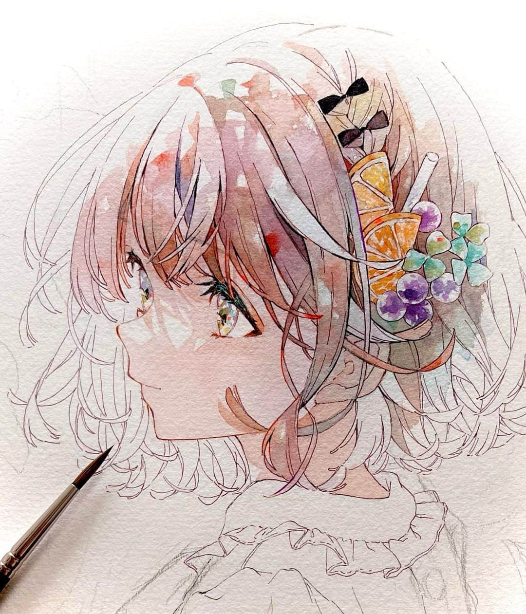 優子鈴のインスタグラム：「wip＊透明水彩  #watercolor #art #illustration #創作 #イラストグラム #透明水彩 #絵描きさんと繋がりたい #アナログイラスト #イラスト #watercolorpainting #watercolorillustration」