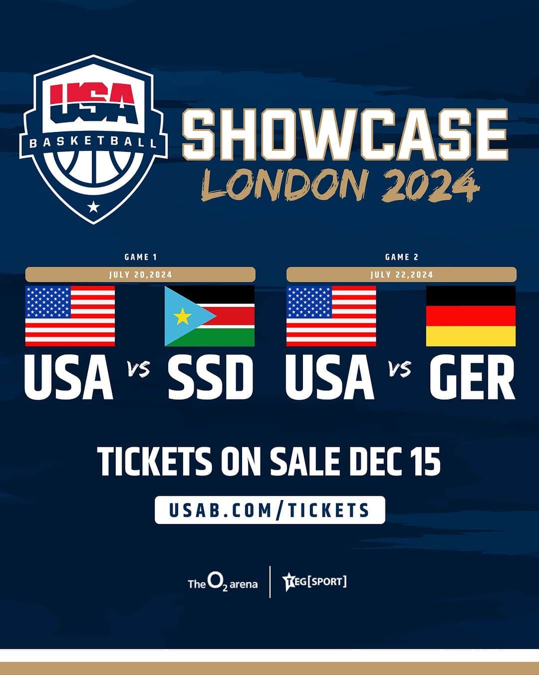 USA Basketballのインスタグラム：「The USA Basketball Showcase takes the court in London, July 2024!  🇺🇸 #USABMNT will face off against 🇸🇸 South Sudan & 🇩🇪 Germany in two epic matchups at @theo2london!   Tickets on sale this Friday, Dec. 15 at 1 pm GMT/8 am ET at usab.com/tickets!  #TEGSport 🚀」