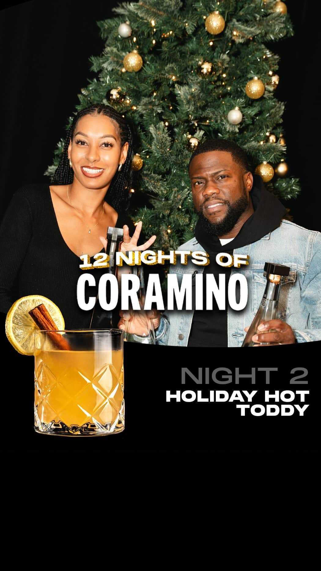 ケビン・ハートのインスタグラム：「🎁 12 NIGHTS + CHANCES TO WIN $400 🎁 12 Nights of Coramino is back!  Our gift to you? Each night we’ll drop a festive Gran Coramino cocktail and a trivia question. Answer correctly in the comments and you’ll have the chance to win $400 Welcome to the 12 Nights of Coramino  Enter the answer to tonights question in the comments section below for a chance to win $400 each night  —— TONIGHT’S COCKTAIL -—— Night 2: Holiday Hot Toddy  2oz Gran coramino Anejo 4oz Hot Water 1.5oz Lemon Juice 1oz Honey 0.5oz Cointreau (triple sec) Cinnamon Stick Lemon Wheel  —— TONIGHT’S COCKTAIL -——  HOW TO ENTER: - Type your answer in the comments section below - Must be following @grancoramino - Tag #12nightsSweepstakes - Must be 21 years or older  We will contact you if you’re the lucky winner via DM only from this page.  Visit the link in bio for official rules.  NO PURCHASE NECESSARY. Void where prohibited. Open only to legal residents of the 50 U.S./D.C., 21 years of age or older. Entry period ends: 11:59 PM PT on 12/21/23  Subject to full Official Rules: https://apparel.grancoramino.com/sweeps  Sponsor: Gran Coramino ®」