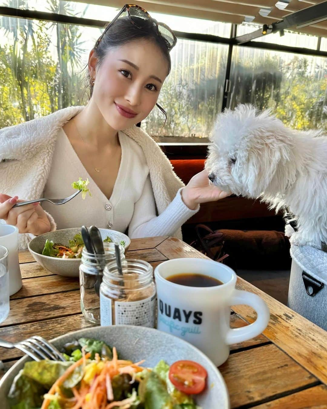 長沼南帆のインスタグラム：「🍴QUAYS   テラスでパウちゃんとゆっくり☕️🐻‍❄️♥️ ワクチンお疲れ様🐻‍❄️  📍神奈川県横浜市中区新港2-14-1 横浜ハンマーヘッド 1・2Ｆ  🚃みなとみらい線 「馬車道駅」より徒歩10分 「みなとみらい駅」より徒歩12分 JR京浜東北線「桜木町駅」より徒歩15分  🏎️首都高速「みなとみらい」または「横浜公園」出口  #みなとみらい #みなとみらいグルメ #みなとみらいカフェ #みなとみらいランチ #わんことお出かけ #ペット可 #みなとみらいペット可カフェ #横浜グルメ #横浜カフェ #ペットカフェ #ペット同伴可 #ペット同伴カフェ #ペット同伴ok」