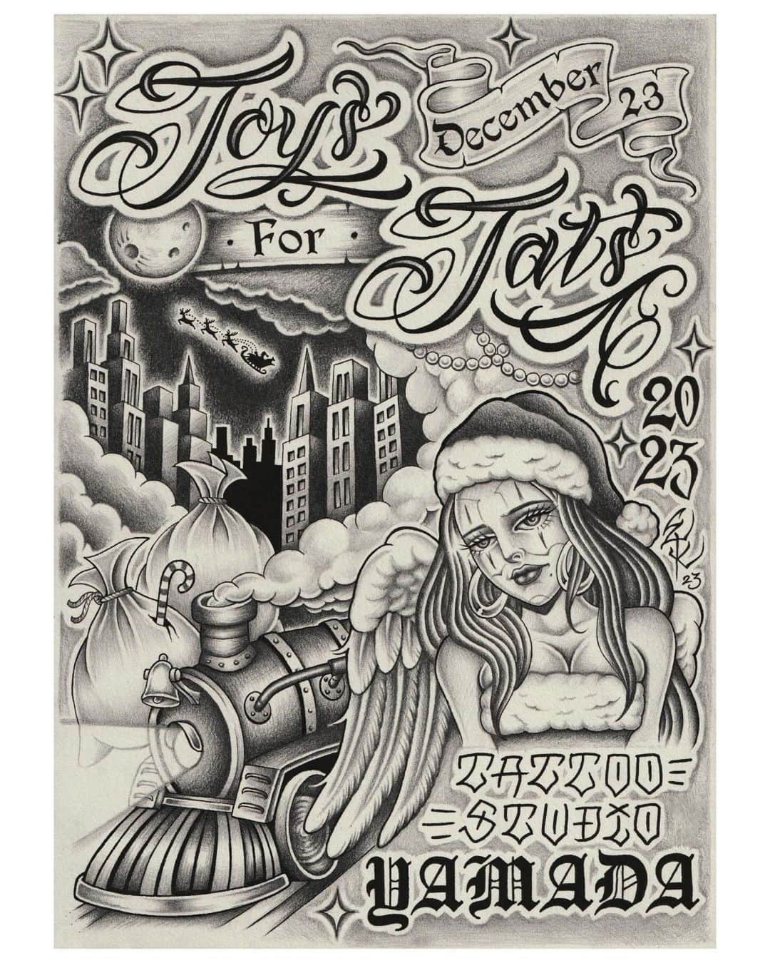 LENのインスタグラム：「【TATTOO STUDIO YAMADA PRESENTS ”Toys For Tats”】  TSYのクリスマス恒例行事のお知らせです。  初めての方の為にも、改めてご紹介させてください。  元ネタはアメリカの風習 ”Toys For Tots”。両親がクリスマスプレゼントを買う余裕のない子ども達へ、ボランティアで集めたおもちゃを配布する行事です。米国海兵隊が運営を行い、1947年から今も尚続いています。    そして、TSYが開催するのは “Toys For “Tats” 。「タトゥー料金の代わりにおもちゃを持参してもらい、それらを全国の子どもたちに寄付する」 イベントです。  「タトゥーで子どもたちを楽しませたい」という想いから、 継続している活動になります。  さらに今回はTATTOO SUTUDIO YAMADAメンバーに加え、他スタジオの彫師さんにもご参加いただけることになりました。  今年も皆様と、少し変わった形でクリスマスを一緒に楽しめればと思います。 たくさんのご応募を心よりお待ちしております。 ​ ​  ■参加方法 ​  ○タトゥーの施術をご希望の方 ・タトゥーの施術日は12/23(sat)となります。 ・各アーティストのインスタグラムをご参照の上予約方法に従ってください。 ・​施術はイベント用タトゥーフラッシュ内からデザインをお選びください。 ・料金は一律15,000円(イベント特別価格)になります。 ・​当日までに、15,000円以上分のおもちゃ(対象年齢3~10歳)を購入してください。 おもちゃ15,000円以上購入した証明となる「領収書」を持参して頂き、タトゥーの施術と交換になります。 ※施術できる人数には限りがございますのでご了承ください。   ​ ​○おもちゃをご希望の方 ・プレゼントの譲渡は12/24(sun)にTATTOO SUTUDIO YAMADAのスタジオガレージにて 12:00~18:00の間お子様を連れてきていただいた方々に譲渡させていただきます。 ​​  https://www.tattoostudioyamada.com/toysfortats」