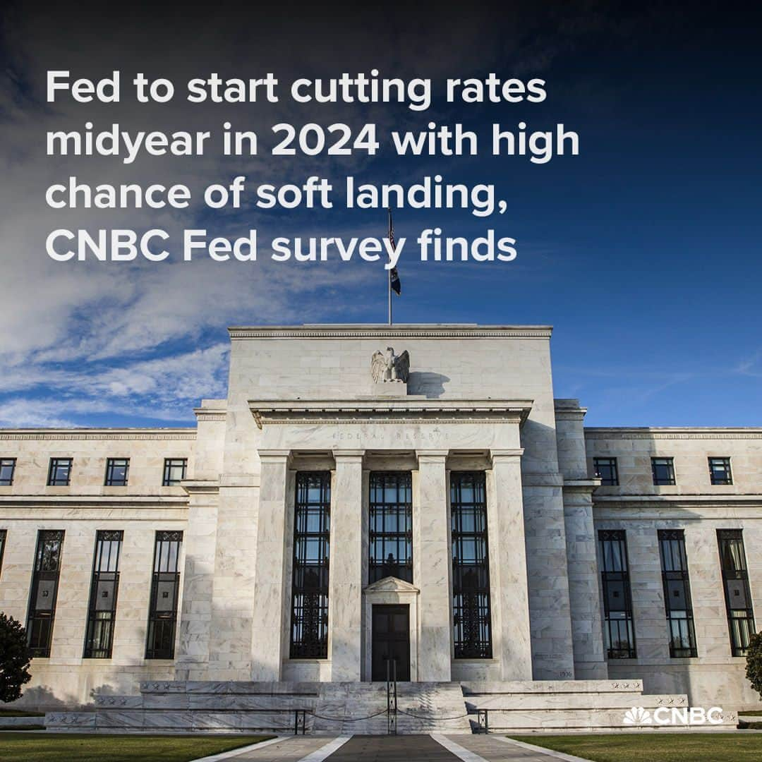 CNBCさんのインスタグラム写真 - (CNBCInstagram)「Rate cuts, an increased chance of a soft landing and lower inflation — the outlook for next year is looking up in the CNBC Fed Survey, to a point.  Respondents to the CNBC Fed Survey see the Fed beginning rate cuts next year, though not as aggressively or as quickly as markets have priced in. June is the first month for which more than half of respondents have a cut built in, rising to 69% by July.   Overall, the average respondent forecasts about 85 basis points of cut next year, roughly one 25 basis point trim a quarter, but not as much as the 120 basis points built into futures markets.  Like the Fed itself, the 35 respondents to the survey, including economists, strategists and analysts, separate into hawks and doves on the issue of rate cuts next year. More details on the survey results at the link in bio.」12月12日 22時16分 - cnbc