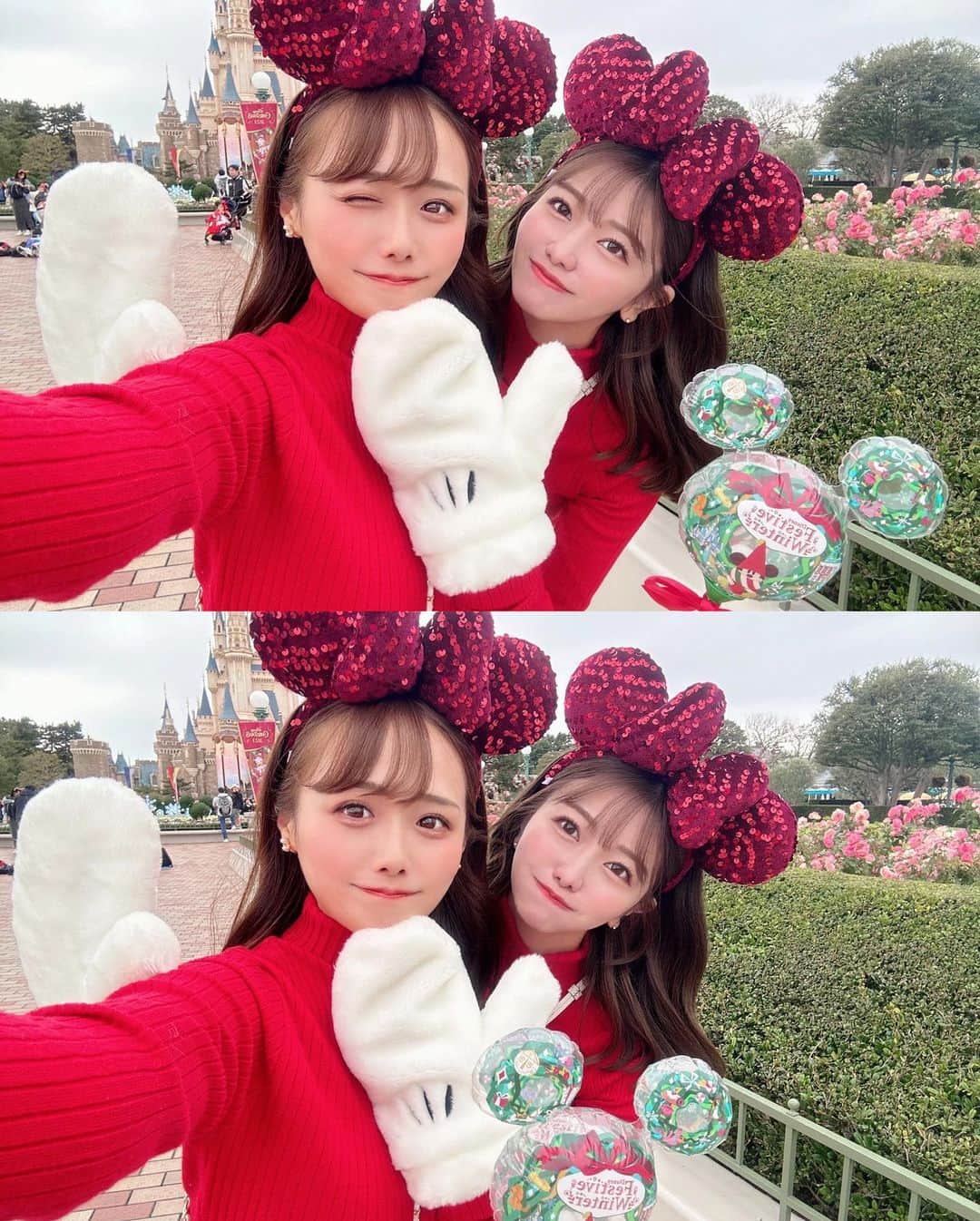 計良日向子（ひなひ）さんのインスタグラム写真 - (計良日向子（ひなひ）Instagram)「. ディズニークリスマス🐭🎁♥️ . . . クリスマスも2人でディズニー行けた♡ 赤✖️ブラウンコーデにしたよ🪄 天気が怪しかったけど雨も降らず わりと空いててたくさん遊べたよ🫶 . . . クリスマスのグッズは今はもうほとんど 販売されてないんだけど 今販売されてるグッズでもこんなに クリスマスぽくなったから参考にしてね🎄♥️ . . . 🧥アウター @mercuryduo_com . 👗トップス @apres_jour . 👗スカート @grl_official . 👜バッグ @grl_official . . . . #ディズニーランド #ディズニーコーデ #ディズニーフード #ディズニークリスマス #シミラールックディズニー #ディズニーカチューシャ #apresjour #grl #グレイル」12月12日 22時29分 - kerahinako1105