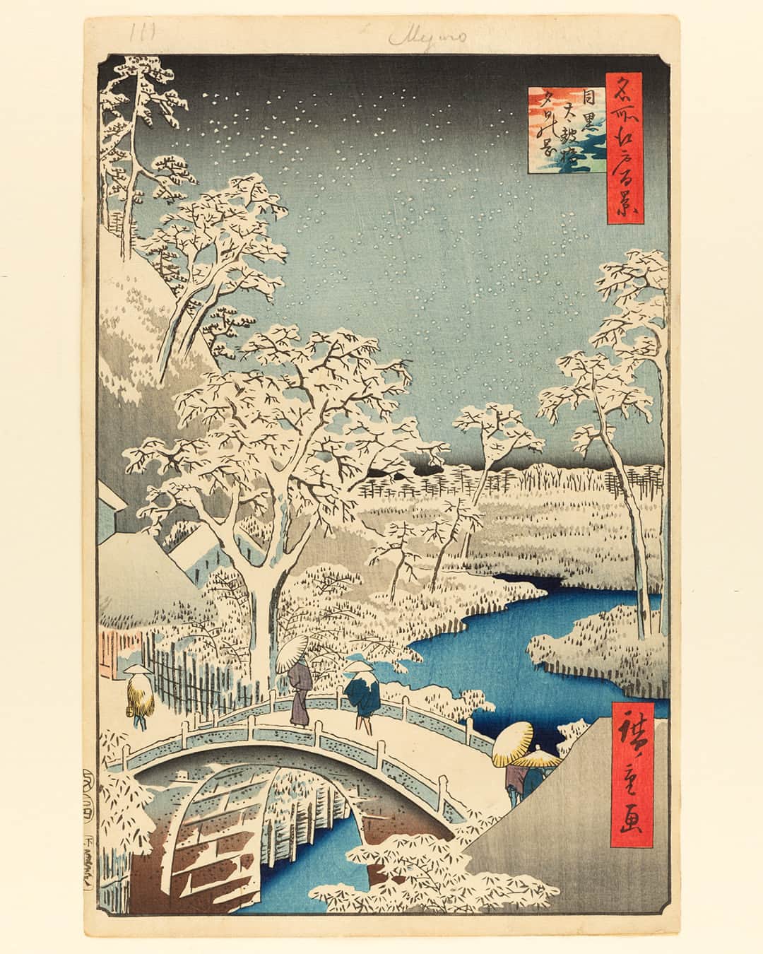 ブルックリン美術館のインスタグラム：「Opening April 5, 2024… Hiroshige’s 100 Famous Views Of Edo (feat. Takashi Murakami). 📜⁠ ⁠ Over 20 years have passed since this complete set of 118 prints by the famed Japanese print designer were displayed. The prints, which are vividly rendered with many printing “extras”—including hand-wiped shading, metallic inks, and embossing—capture captivating vignettes and seasonal scenes, like the wintry dusk visible through snow-covered trees in “Meguro Drum Bridge and Sunset Hill,” shown here. ⁠ ⁠ To add to the excitement, the series will be on view alongside a special installation of new paintings by Japanese artist, Takashi Murakami (@takashipom), created in direct response to Hiroshige’s designs. Additional objects from our rarely-seen collection of Japanese folk art and household objects will also provide a peek into the lives of everyday people in Hiroshige’s Edo.⁠ ⁠ Learn more about #EdoAtBkM at the link in our bio. ⁠ ⁠ 🎨 Utagawa Hiroshige (Ando) (Japanese, 1797-1858). Meguro Drum Bridge and Sunset Hill, No. 111 from One Hundred Famous Views of Edo, 4th month of 1857. Woodblock print, Sheet: 14 3/16 x 9 1/4 in. (36 x 23.5 cm). Brooklyn Museum, Gift of Anna Ferris, 30.1478.111 (Photo: Brooklyn Museum)⁠ ⁠ #UtagawaHiroshige #Hiroshige #TakashiMurakami #Murakami」