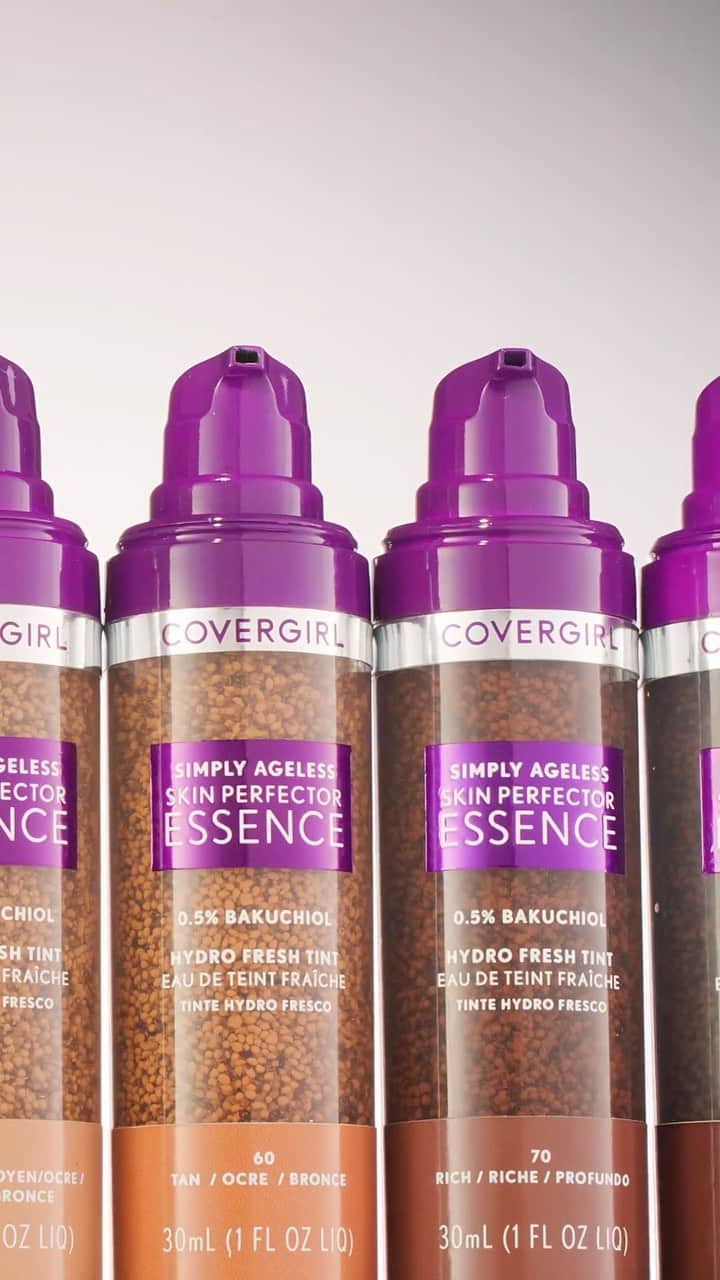 COVERGIRLのインスタグラム：「💜 NEW NEW NEW 💜  Introducing the NEW Simply Ageless Skin Perfector Essence. Get all the details below:   🫧 Skincare + Makeup Hybrid  🫧 Microdroplet Technology bursts and blends into the skin for the perfect even tint.  🫧  Infused with powerful skincare ingredients, complexion looks more even – instantly and over time.   🫧 Clean & Vegan Formula  #SimplyEssence #Covergirl」