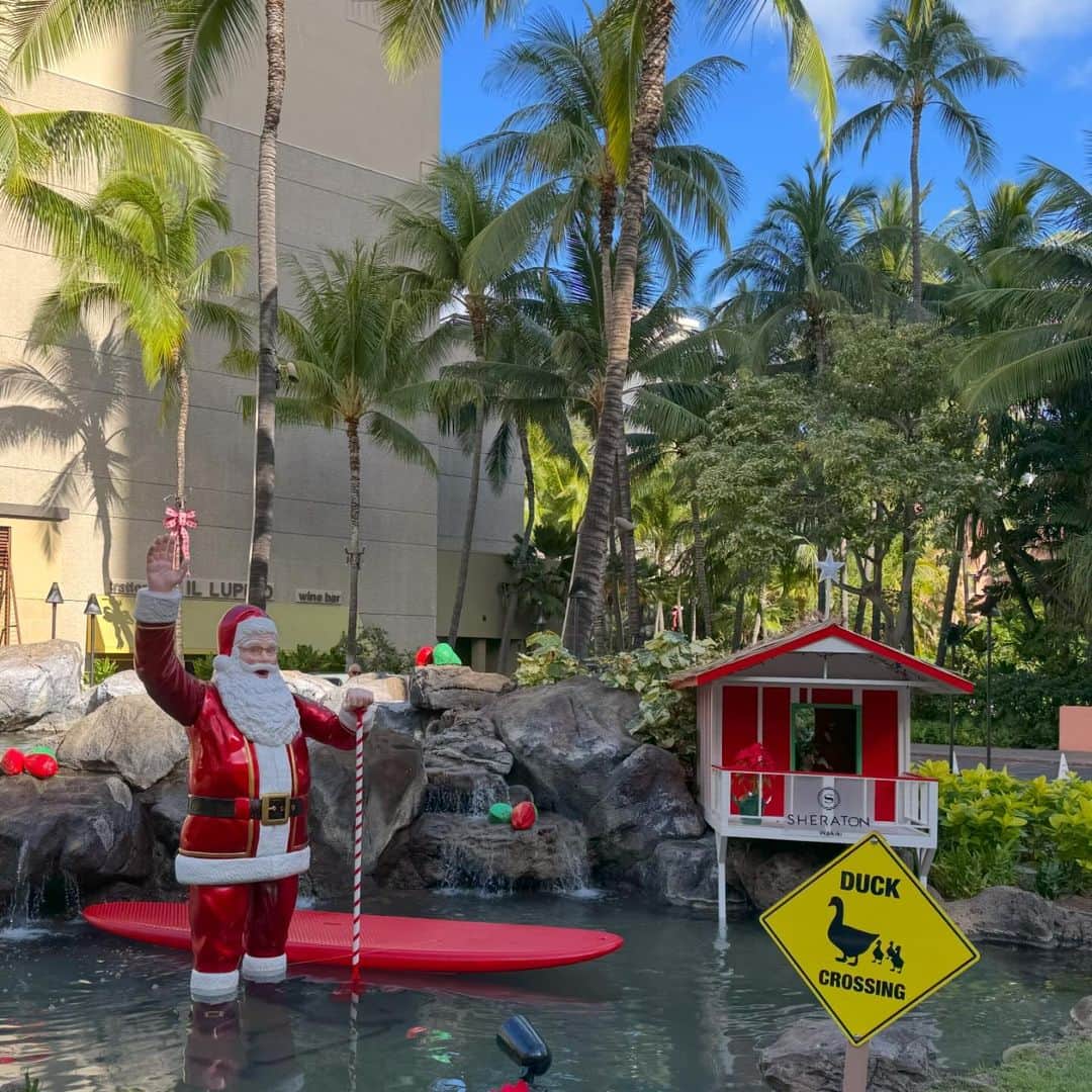 マキ・コニクソンのインスタグラム：「Aloha!! ここどぉこだ？  正解はシェラトンワイキキ正面玄関前です。 可愛いくない？ この感じ！ やっぱりクリスマスシーズン好きだなぁ。  うちのデコレーションは毎年微妙に変えてるの。 いわゆる自己満ですね。私の楽しみなの。  12月ってあっという間に来て あっという間に終わっちゃう。 まるで嵐のようだー。  2023年を最後まで”意識しながら” 楽しんじゃおー！🤗 無意識の時に怪我したりハプニングが起こる。 無意識に車の鍵をパッと置いちゃうと 鍵が必要な時にどこに置いたか覚えてない。 無意識=記憶がないって事なんだよ。  お互いいい年越しが出来るように 一分一秒を慎重に”意識して”過ごそうね。  #エアハワイ🌺  #ハワイのおすそ分け🤙🏼  #ハワイのクリスマス #私が大好きなシーズン #意識して行動する」
