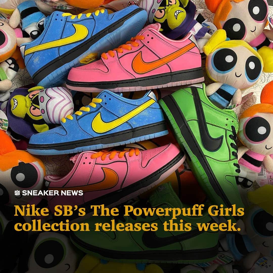 Sneaker Newsのインスタグラム：「Nike SB is set to close out 2023 with The Powerpuff Girls. ⁠ ⁠ The SB Dunk Low trio hits select skate shops and boutiques on Thursday, December 14th, with a launch via the SNKRS app prepped for Friday, December 15th. ⁠ ⁠ Visit the LINK IN BIO for full details.」